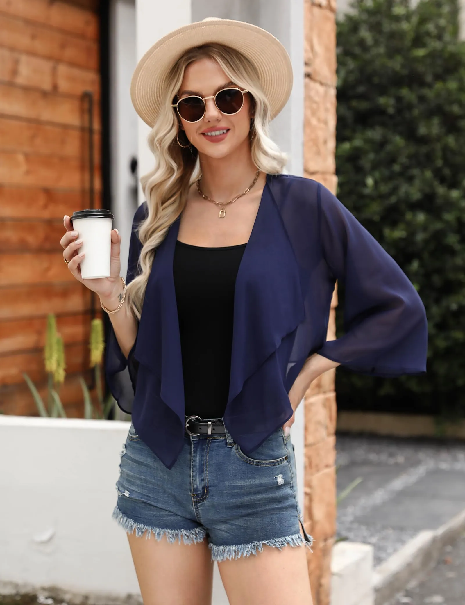 Aottori Coprispalle Donna in Chiffon Bolero Corto, Blu Navy, XL - immagine 3