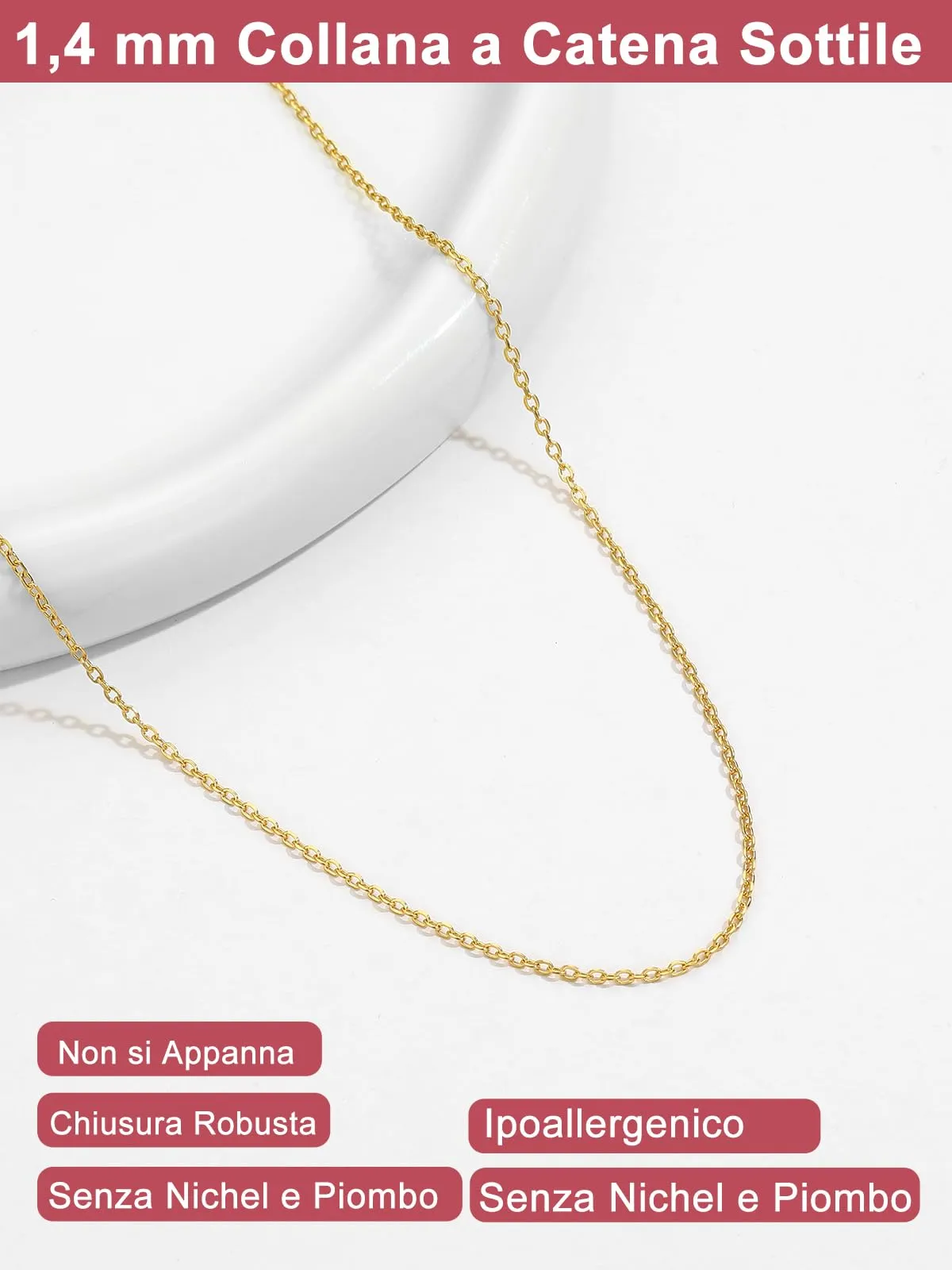 FOCALOOK Collana Donna in Acciaio Inossidabile Oro, Catena Sottile 1,4 mm, Lunghezza 41cm+5cm - immagine 4