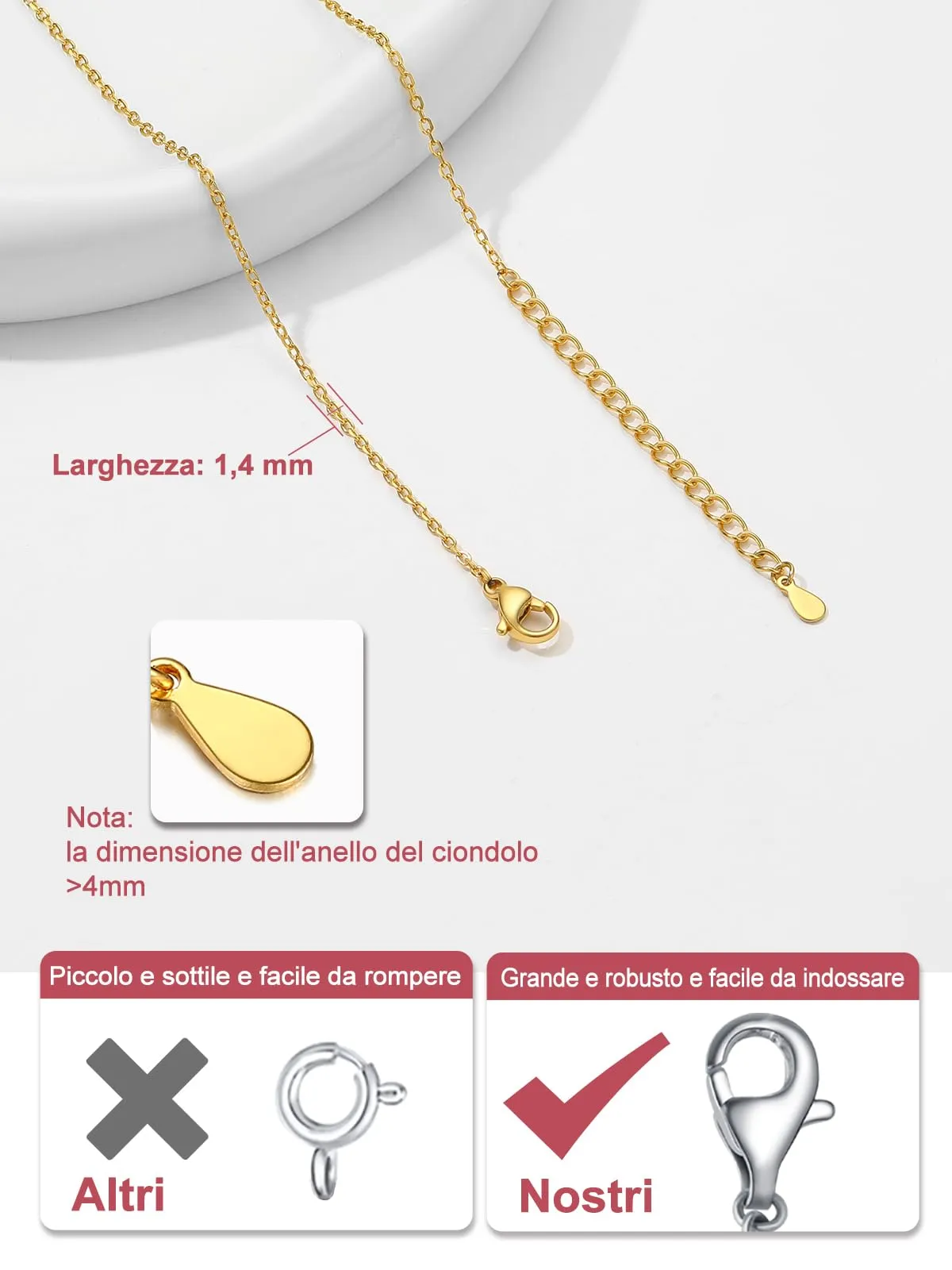 FOCALOOK Collana Donna in Acciaio Inossidabile Oro, Catena Sottile 1,4 mm, Lunghezza 41cm+5cm - immagine 5