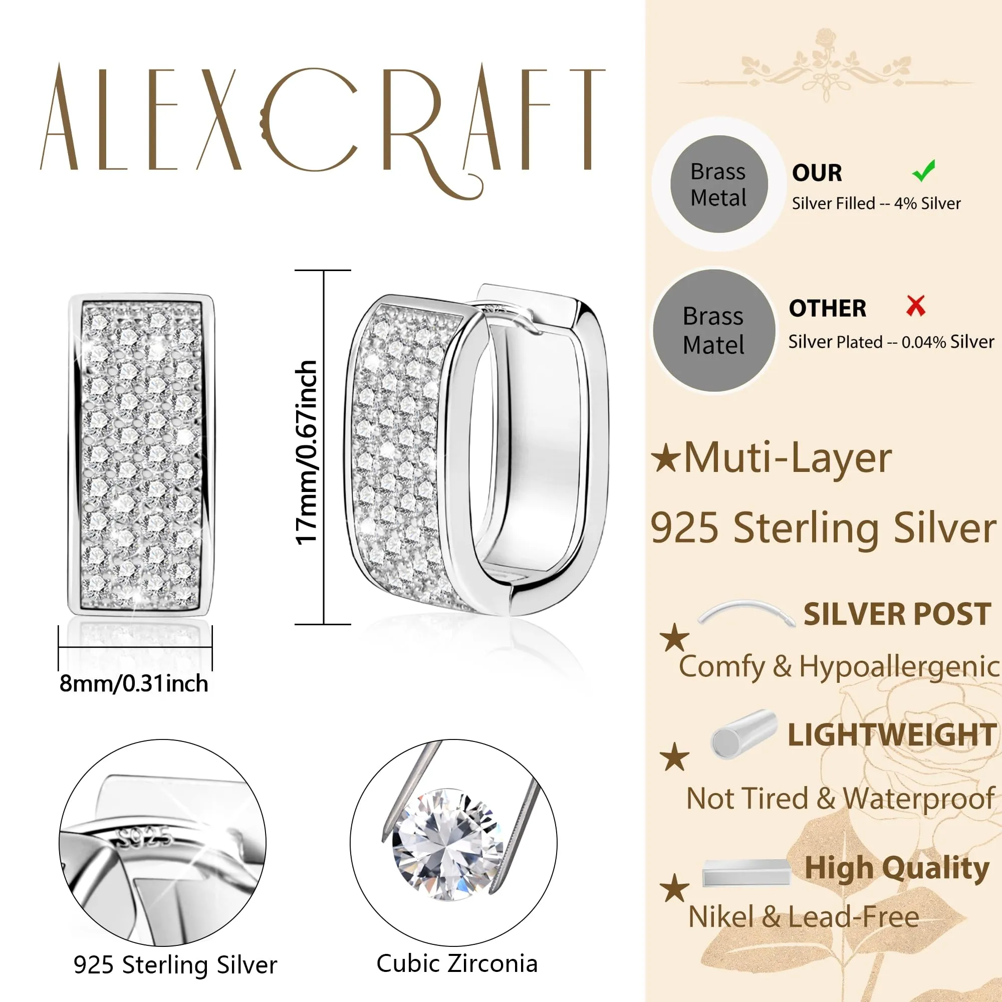 ALEXCRAFT Orecchini a Cerchio Quadrati Argentati con Zirconi E3629 - immagine 7