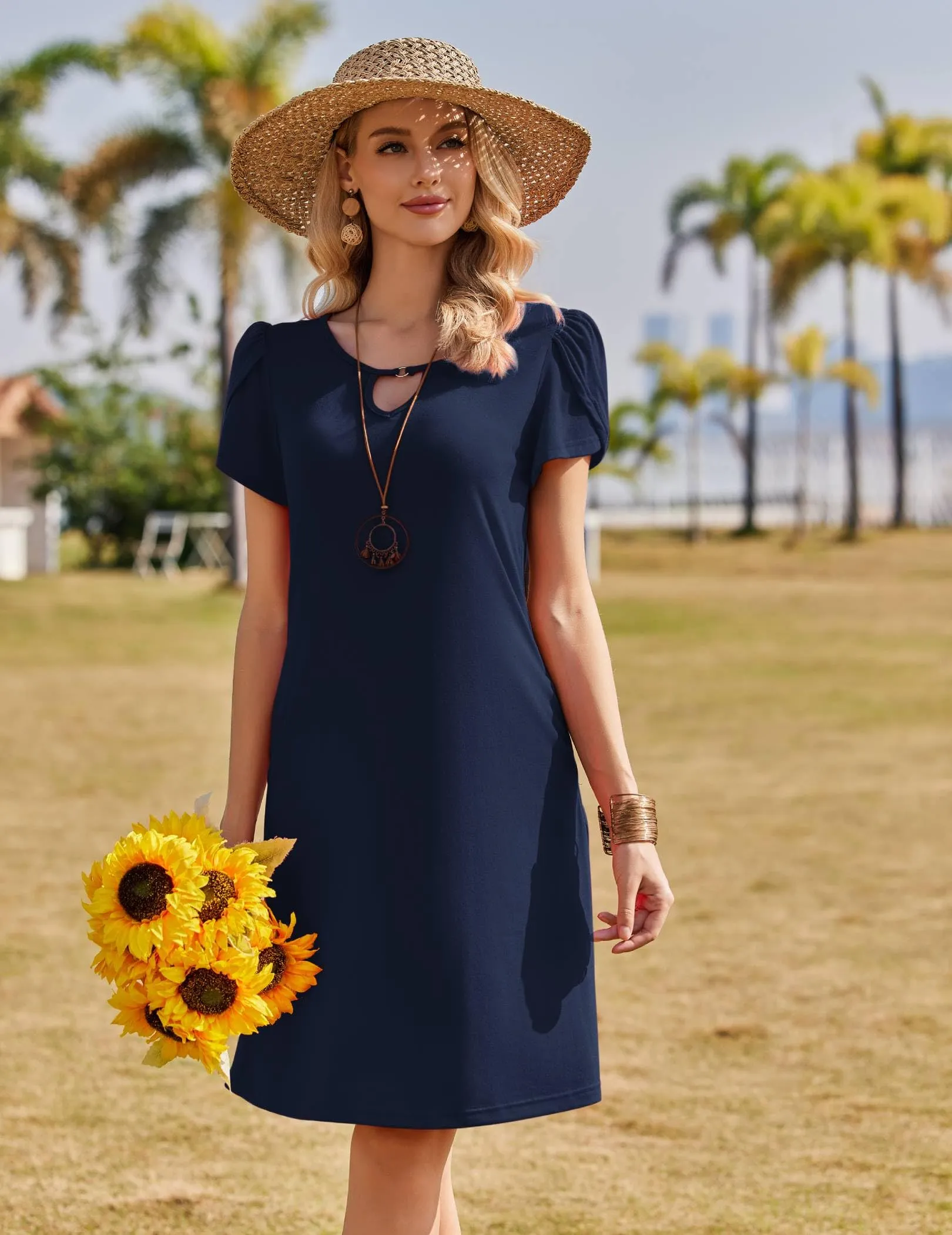 Zeagoo Abito Casual da Donna Floreale a Maniche Corte, Blu Navy, M - immagine 2