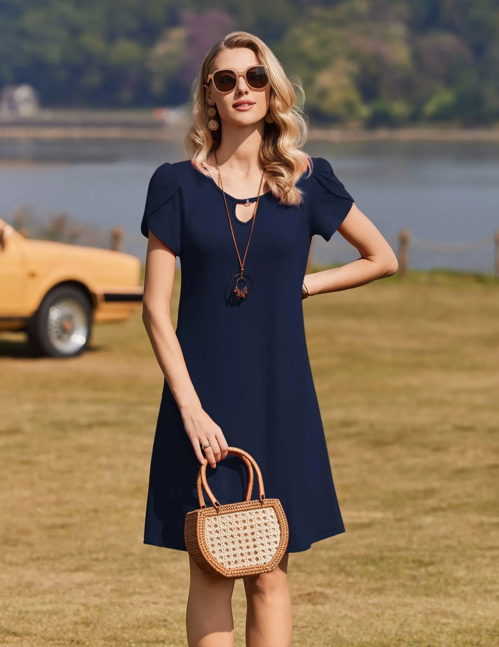 Zeagoo Abito Casual da Donna Floreale a Maniche Corte, Blu Navy, M - immagine 3