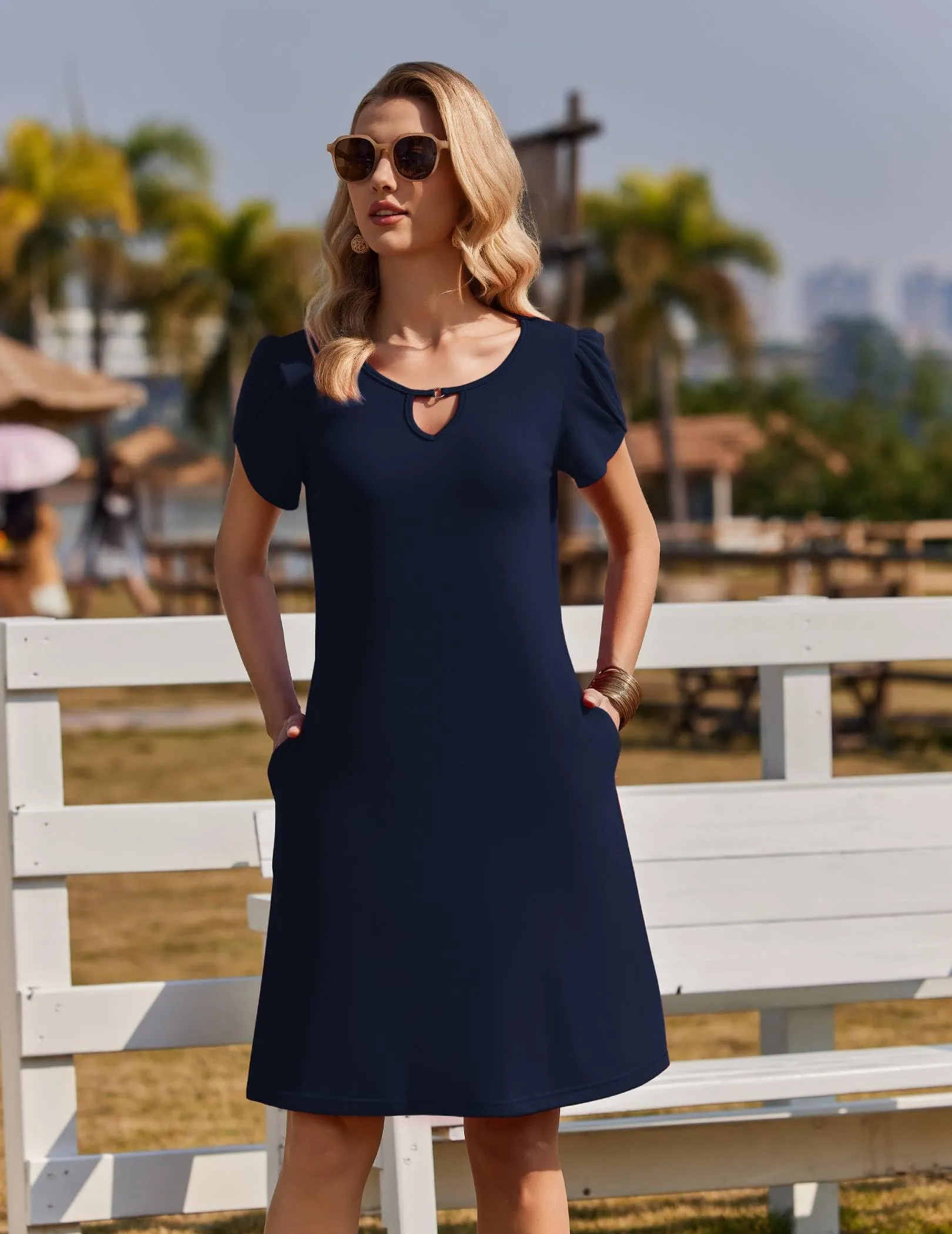 Zeagoo Abito Casual da Donna Floreale a Maniche Corte, Blu Navy, M - immagine 4