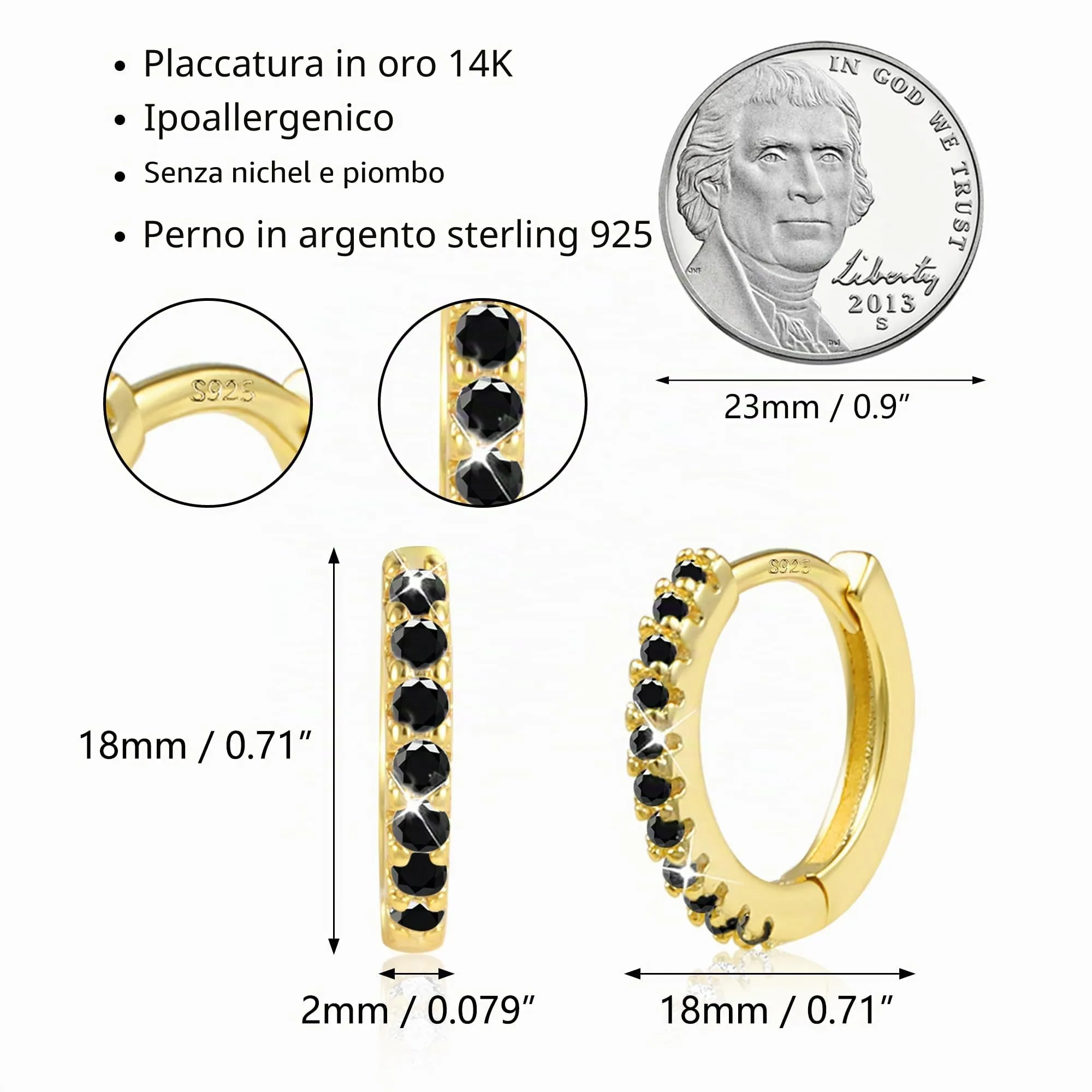ALEXCRAFT Orecchini a Cerchio Huggie in Oro con Zirconi Neri, E3602 - immagine 7
