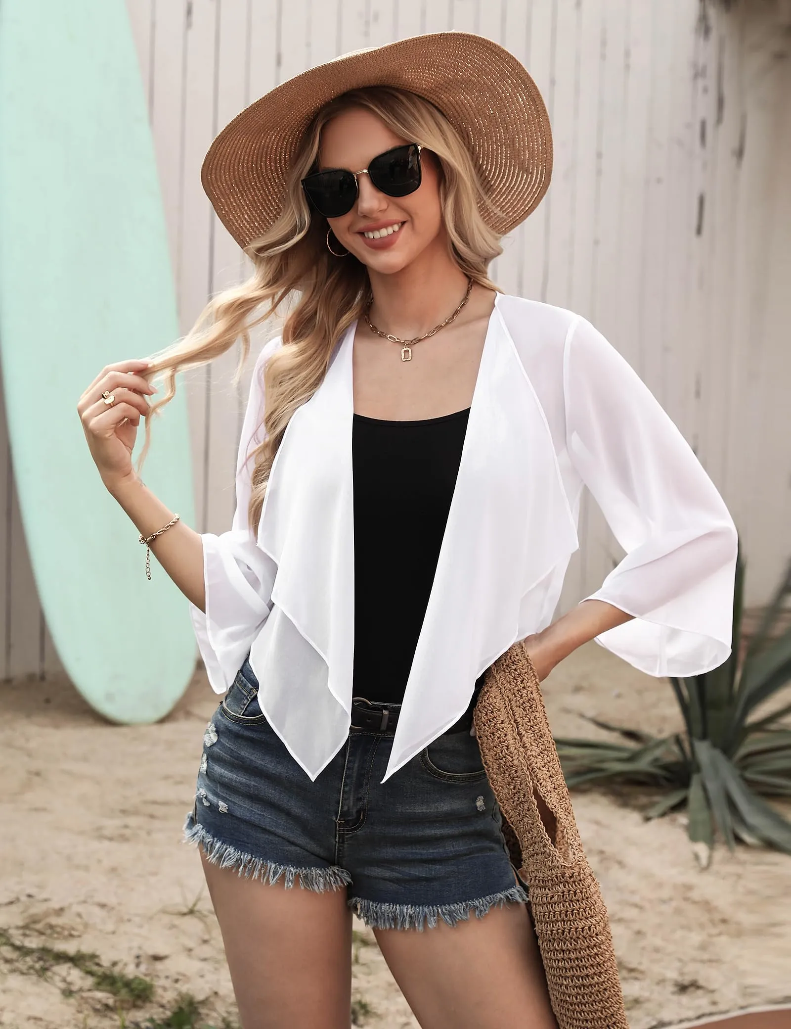 Aottori Coprispalle Donna in Chiffon Trasparente Bianco L - immagine 4