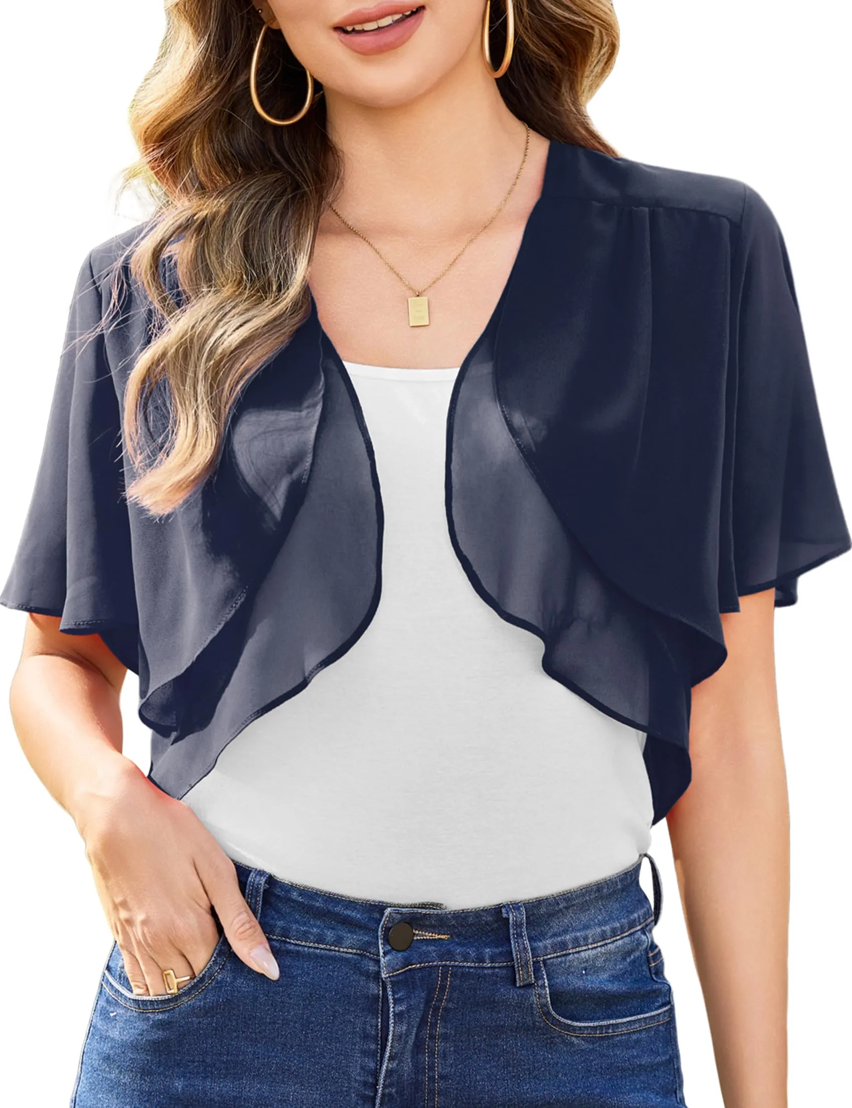 Aottori Coprispalle Donna Bolero Corto in Chiffon Blu Navy, L - immagine 1