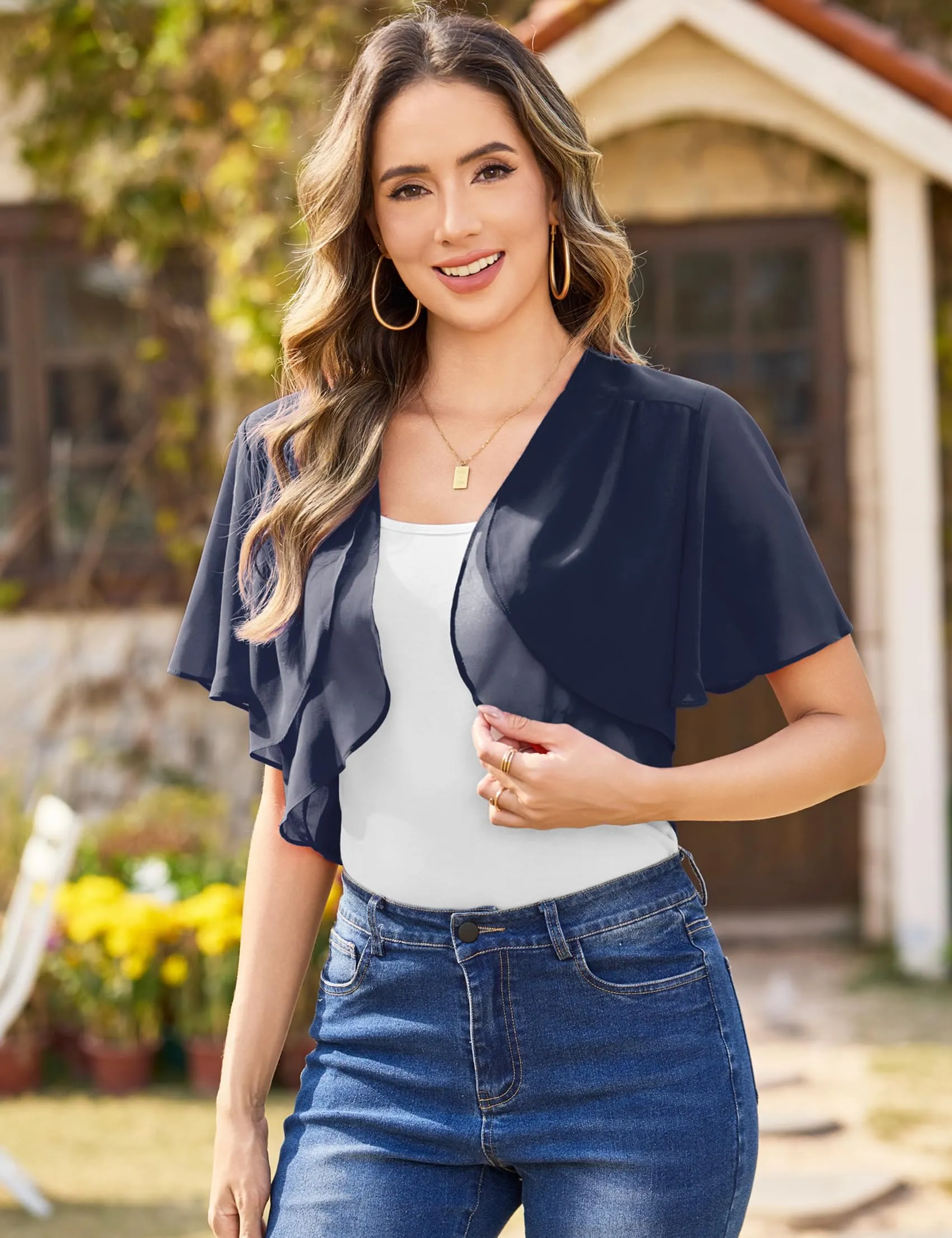 Aottori Coprispalle Donna Bolero Corto in Chiffon Blu Navy, L - immagine 3