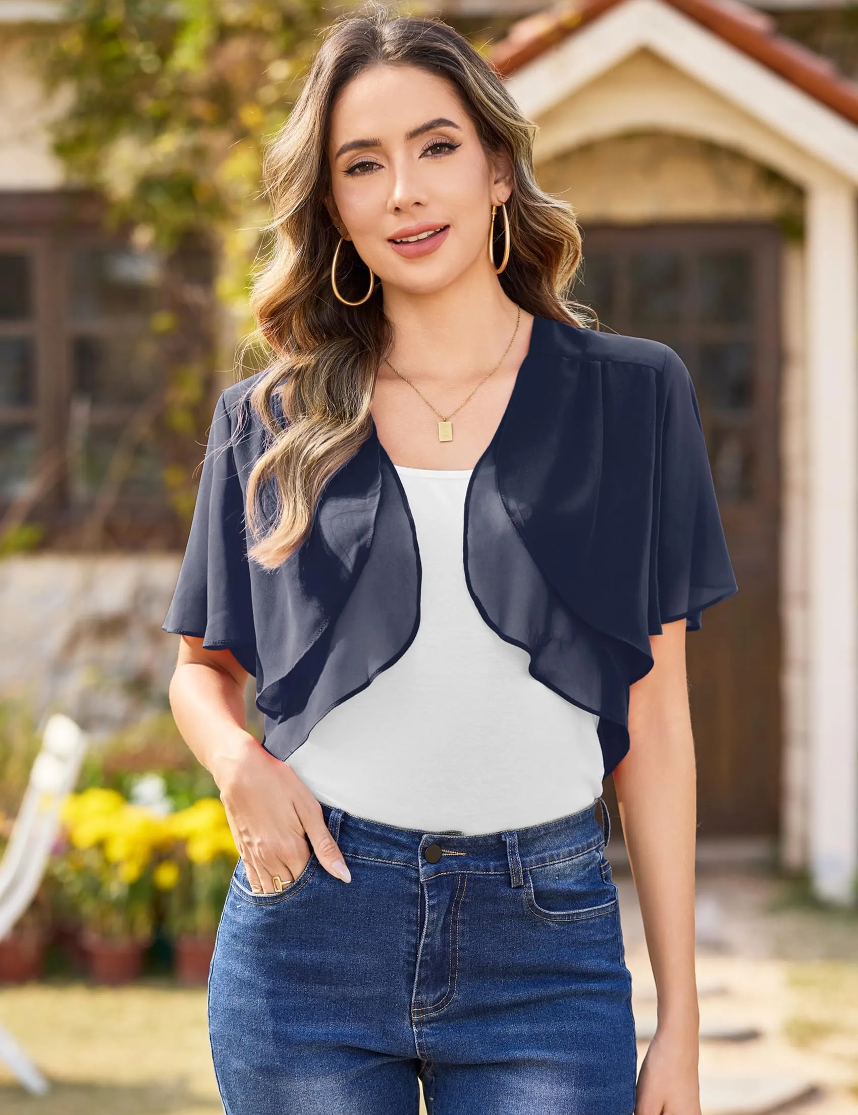 Aottori Coprispalle Donna Bolero Corto in Chiffon Blu Navy, L - immagine 7