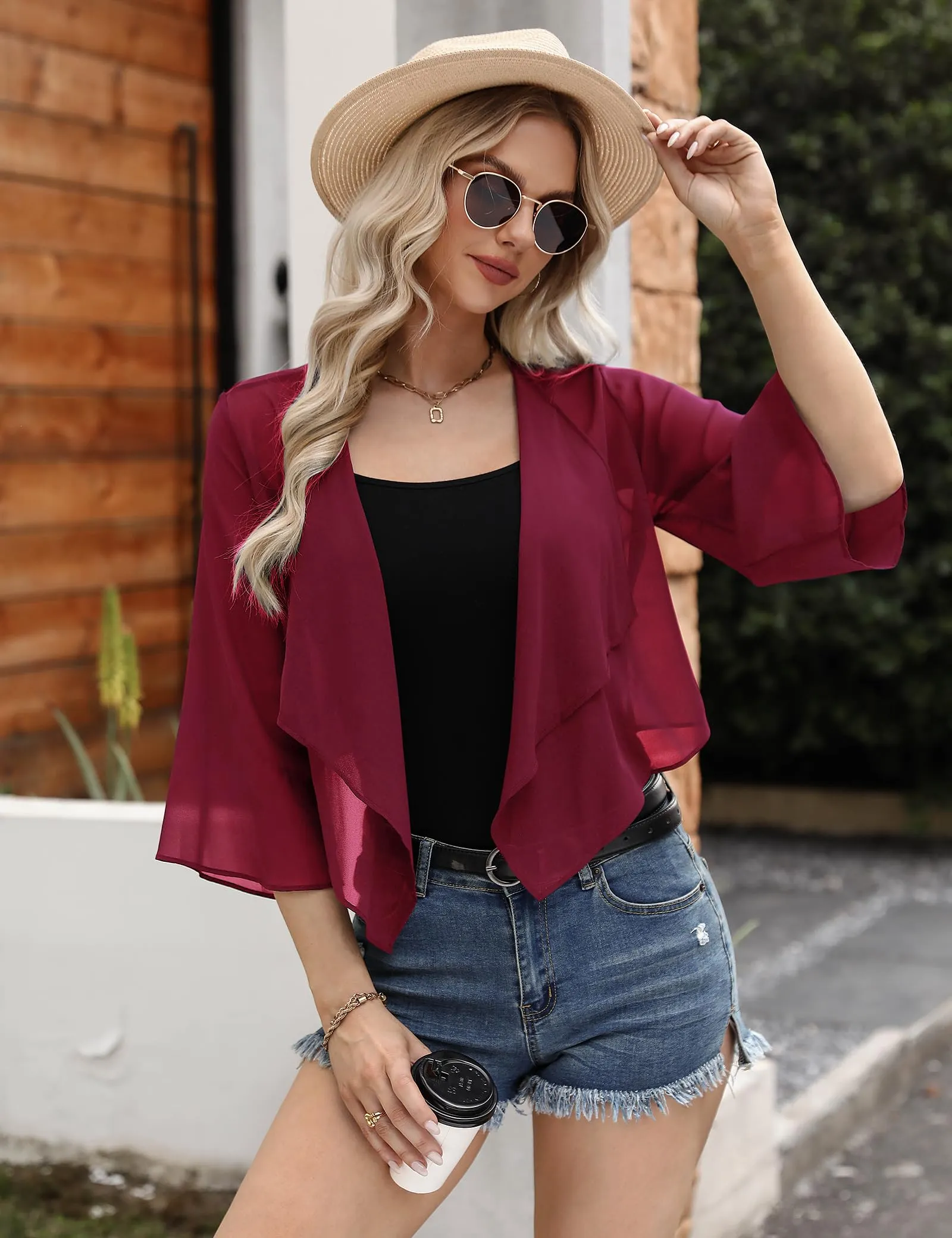 Aottori Coprispalle Donna in Chiffon Bolero Corto, Vino Rosso, L - immagine 2