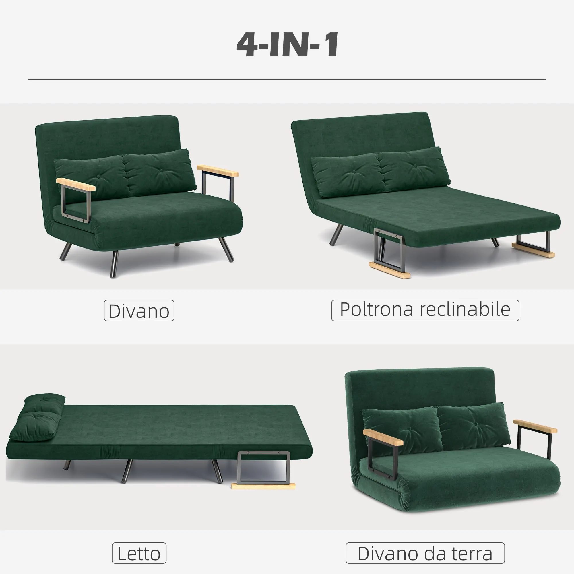 HOMCOM Divano Letto 2 Posti con Schienale Regolabile, Verde - immagine 3