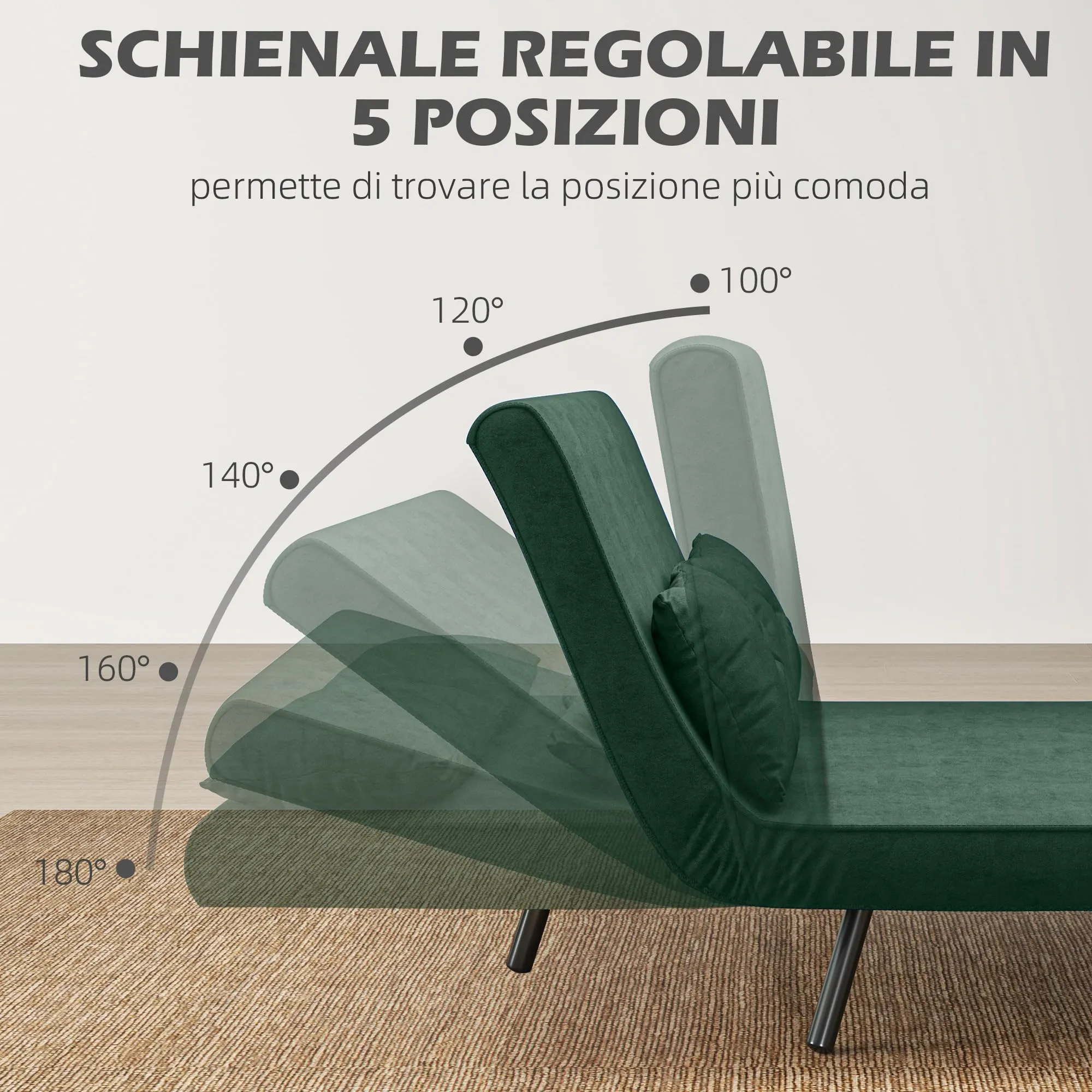 HOMCOM Divano Letto 2 Posti con Schienale Regolabile, Verde - immagine 4
