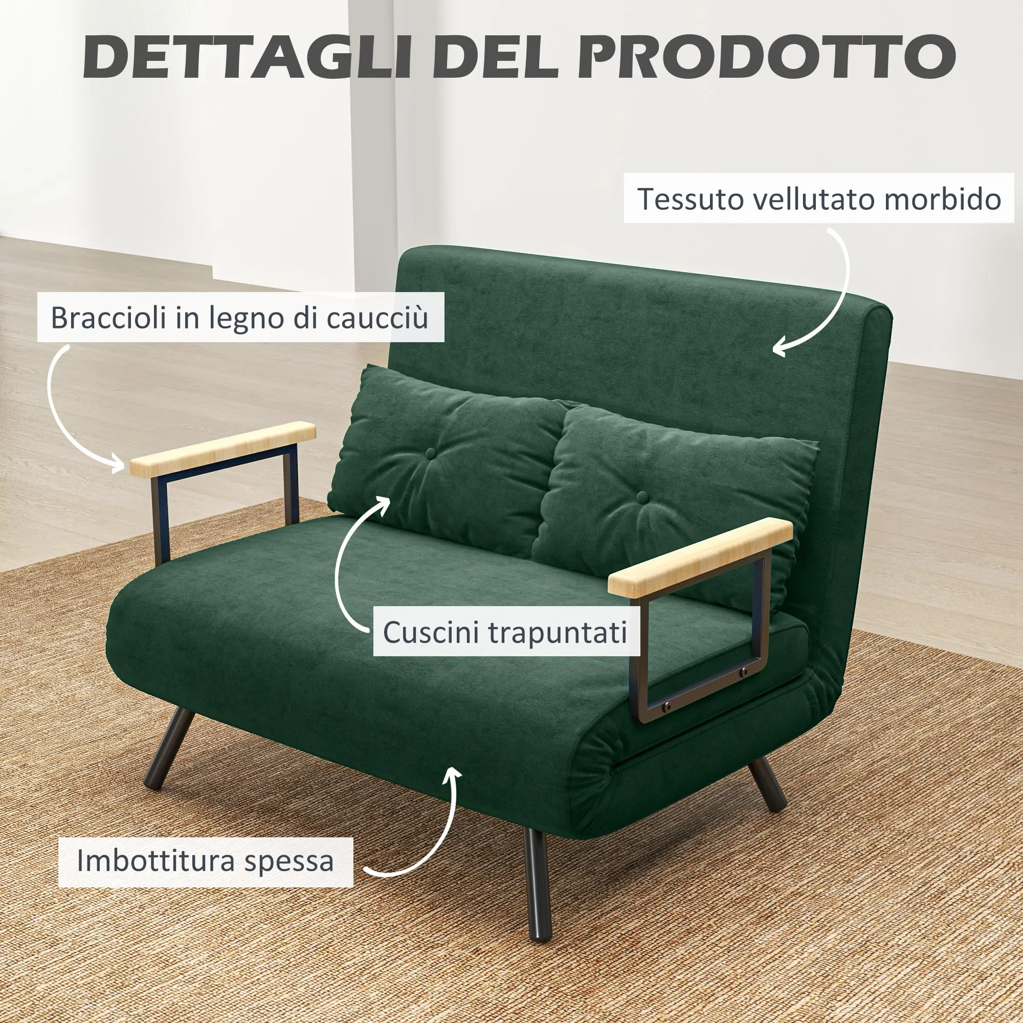 HOMCOM Divano Letto 2 Posti con Schienale Regolabile, Verde - immagine 5