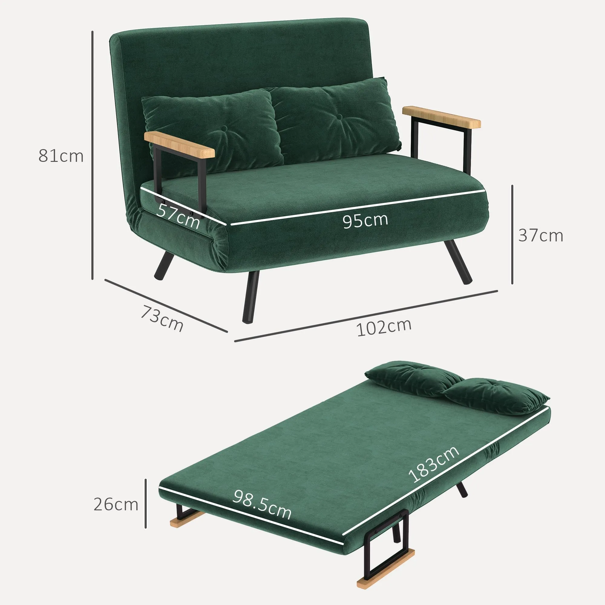 HOMCOM Divano Letto 2 Posti con Schienale Regolabile, Verde - immagine 7