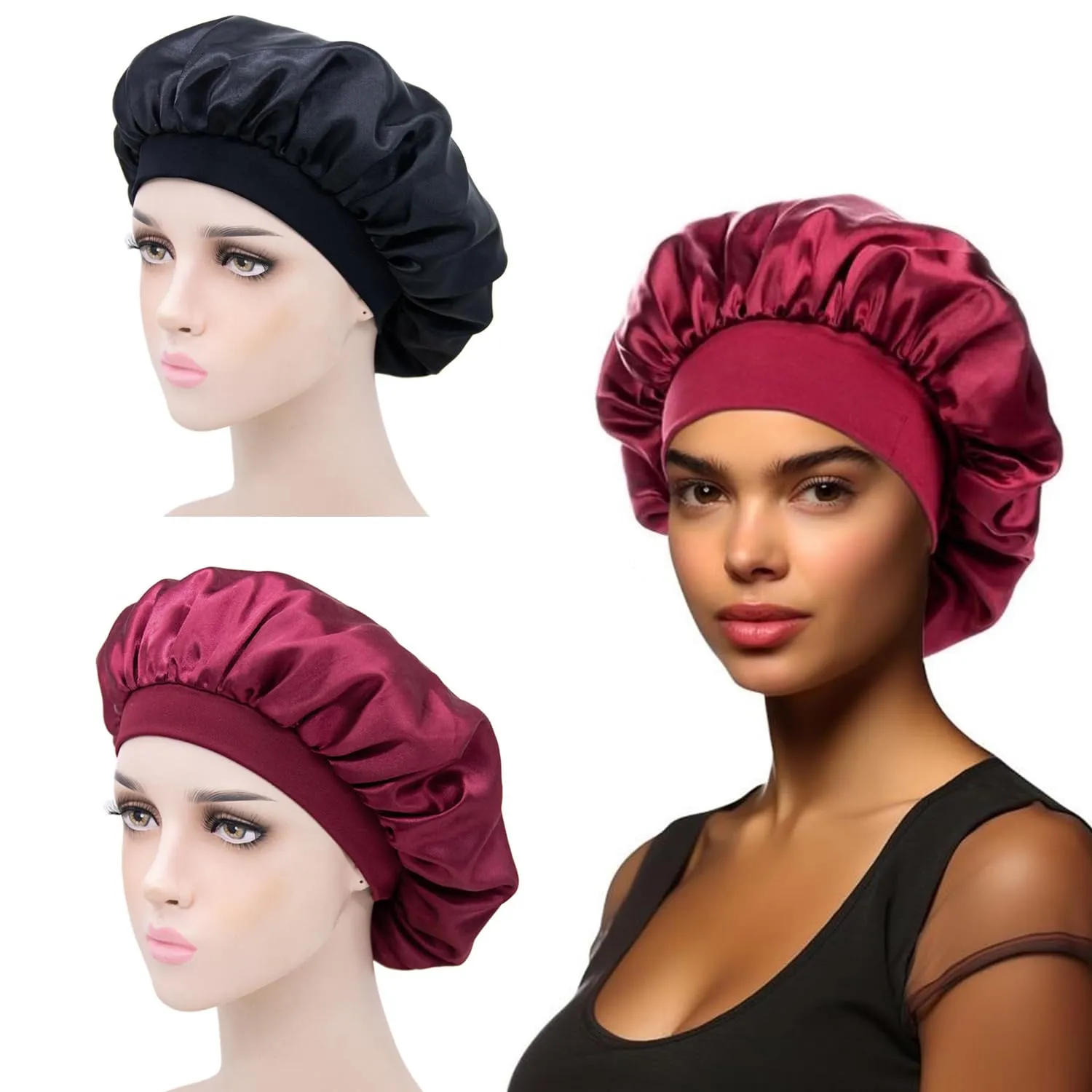 iLamvie Cuffia in Seta per Capelli Ricci, Berretto da Notte in Raso Elastico (Nero+Rosso), 2 Pezzi - immagine 1