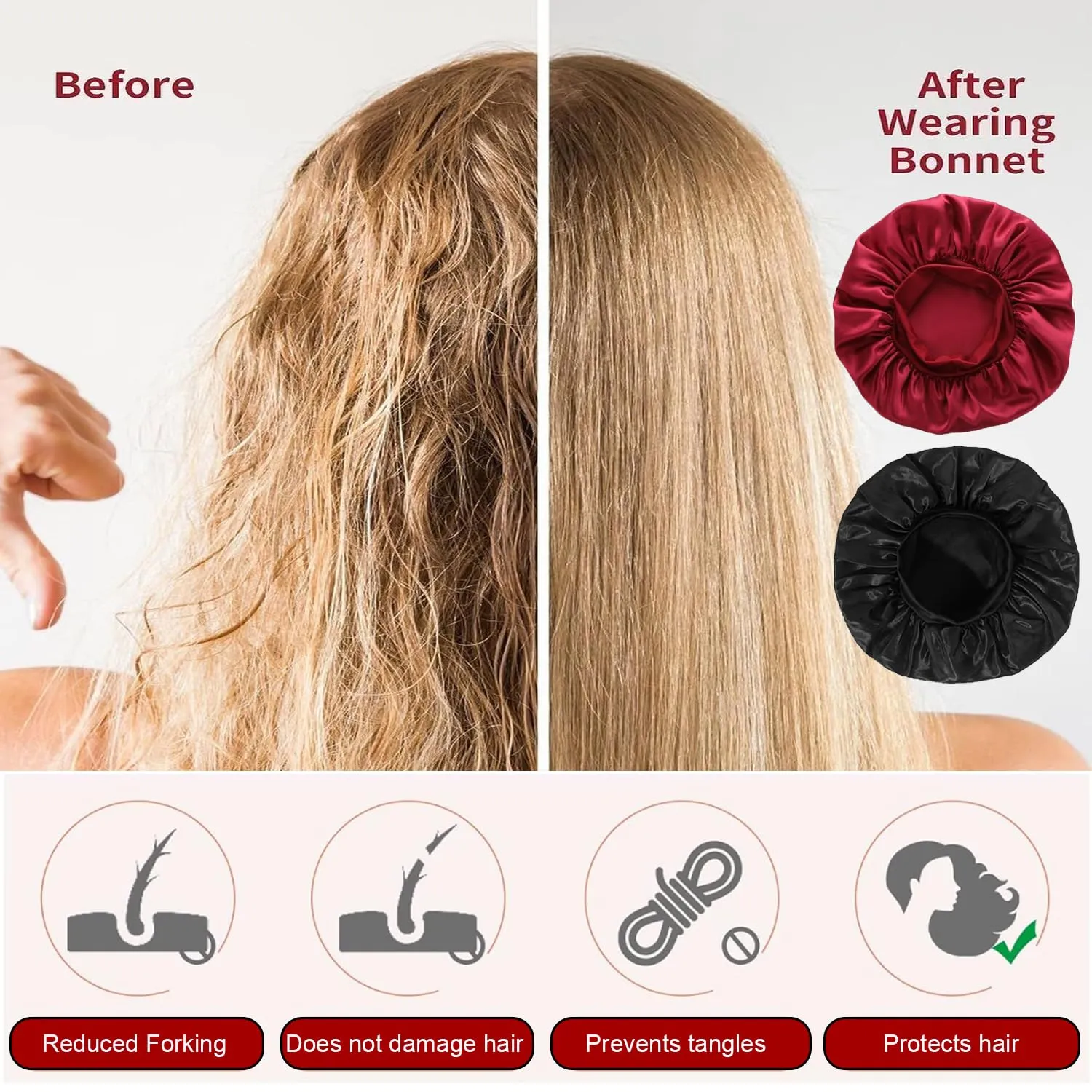 iLamvie Cuffia in Seta per Capelli Ricci, Berretto da Notte in Raso Elastico (Nero+Rosso), 2 Pezzi - immagine 3