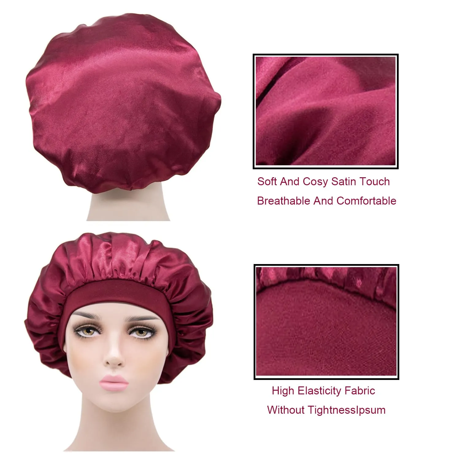 iLamvie Cuffia in Seta per Capelli Ricci, Berretto da Notte in Raso Elastico (Nero+Rosso), 2 Pezzi - immagine 4