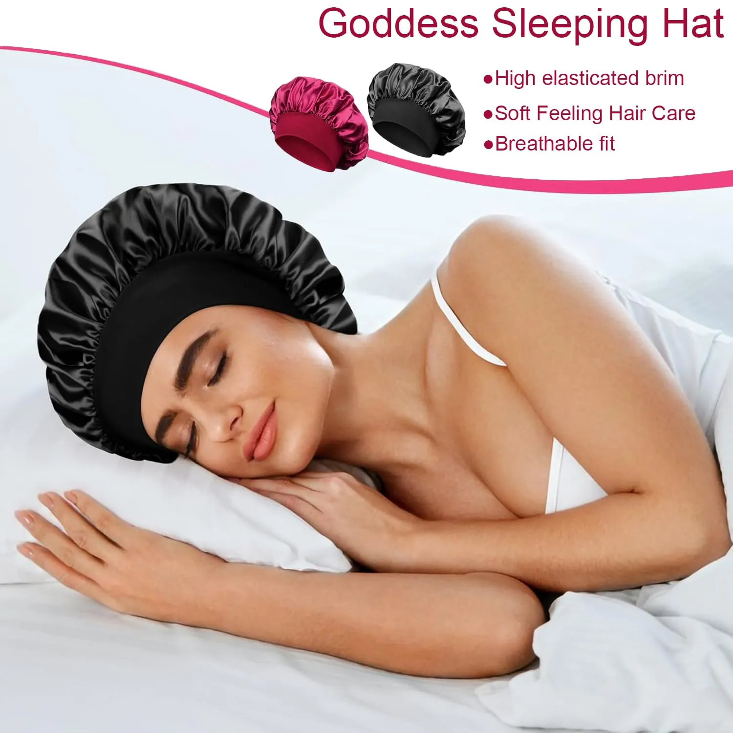 iLamvie Cuffia in Seta per Capelli Ricci, Berretto da Notte in Raso Elastico (Nero+Rosso), 2 Pezzi - immagine 5