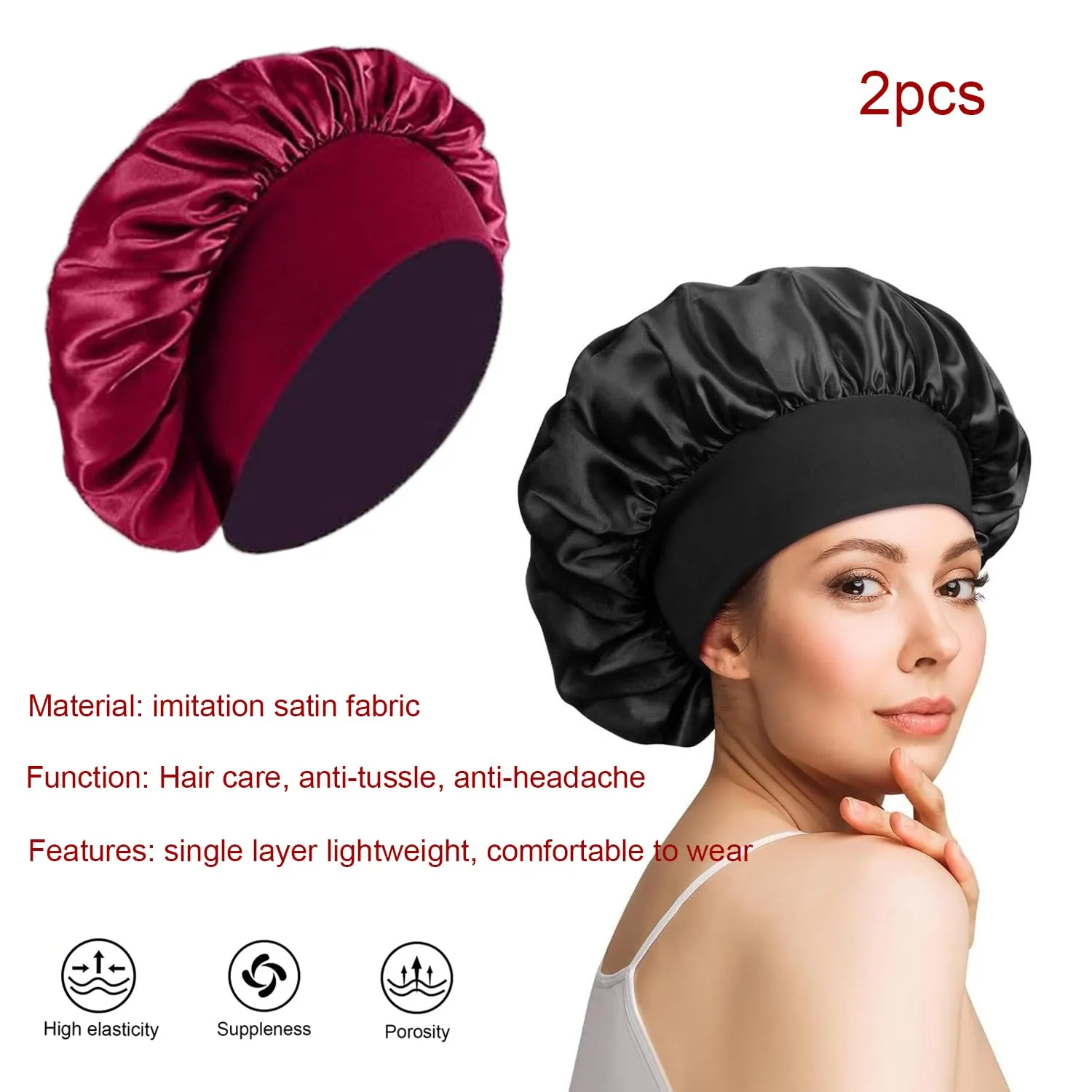 iLamvie Cuffia in Seta per Capelli Ricci, Berretto da Notte in Raso Elastico (Nero+Rosso), 2 Pezzi - immagine 6