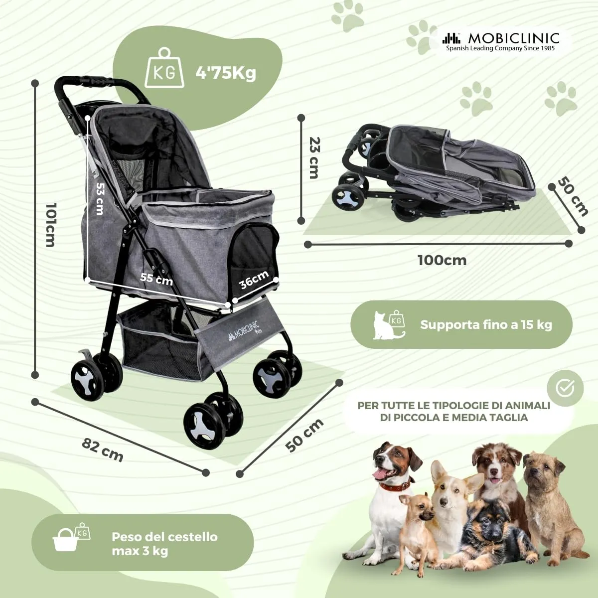 Mobiclinic Zuma Passeggino per cani, fino a 15 kg, ruote con freni 360°, cestino XXL, 3 finestre con zanzariera, portabicchieri - immagine 2