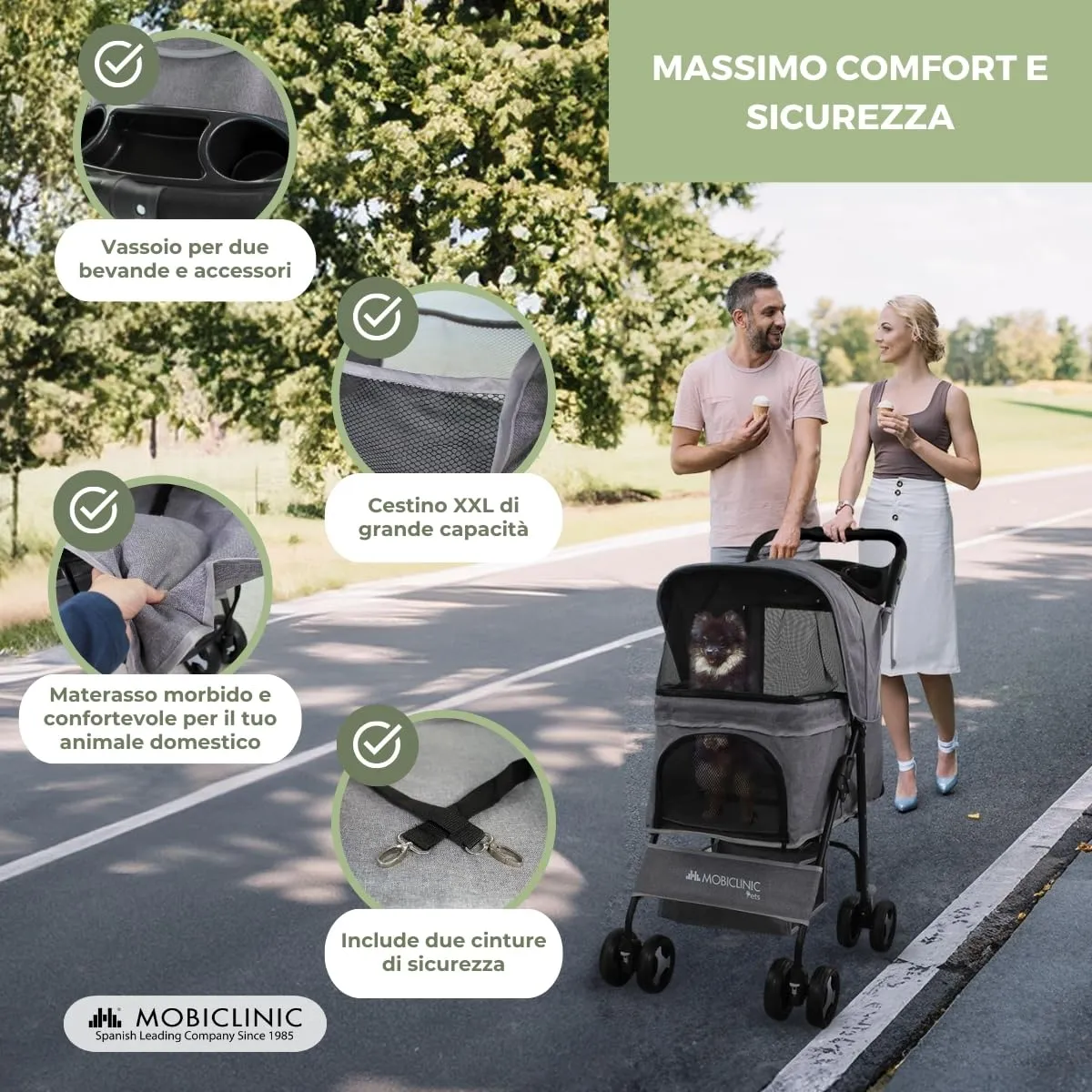 Mobiclinic Zuma Passeggino per cani, fino a 15 kg, ruote con freni 360°, cestino XXL, 3 finestre con zanzariera, portabicchieri - immagine 3