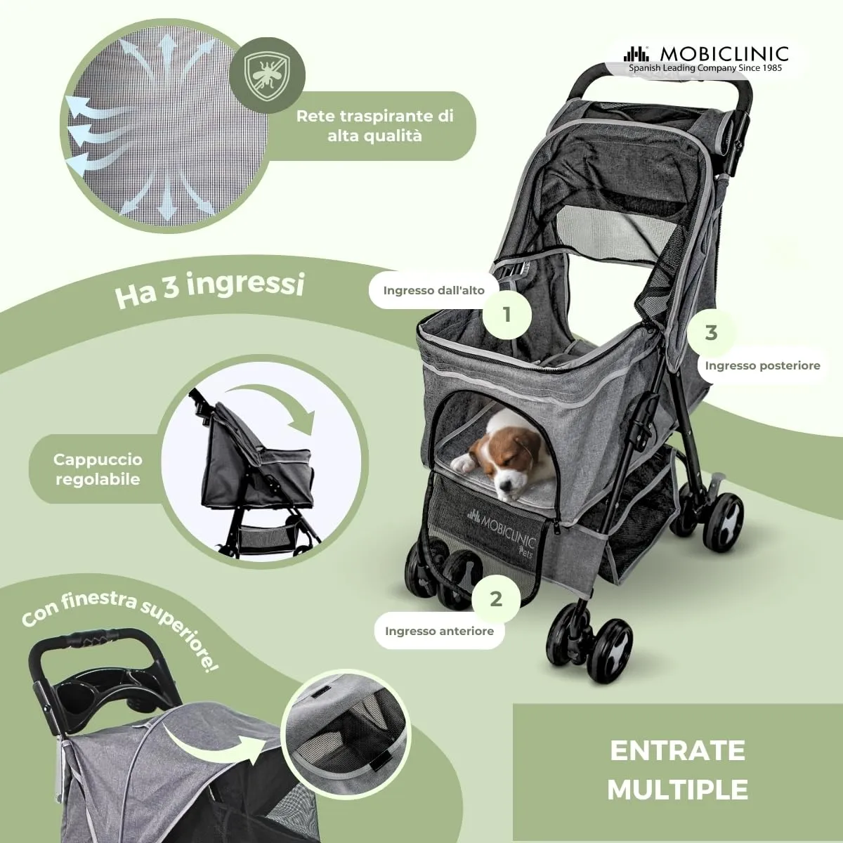 Mobiclinic Zuma Passeggino per cani, fino a 15 kg, ruote con freni 360°, cestino XXL, 3 finestre con zanzariera, portabicchieri - immagine 4