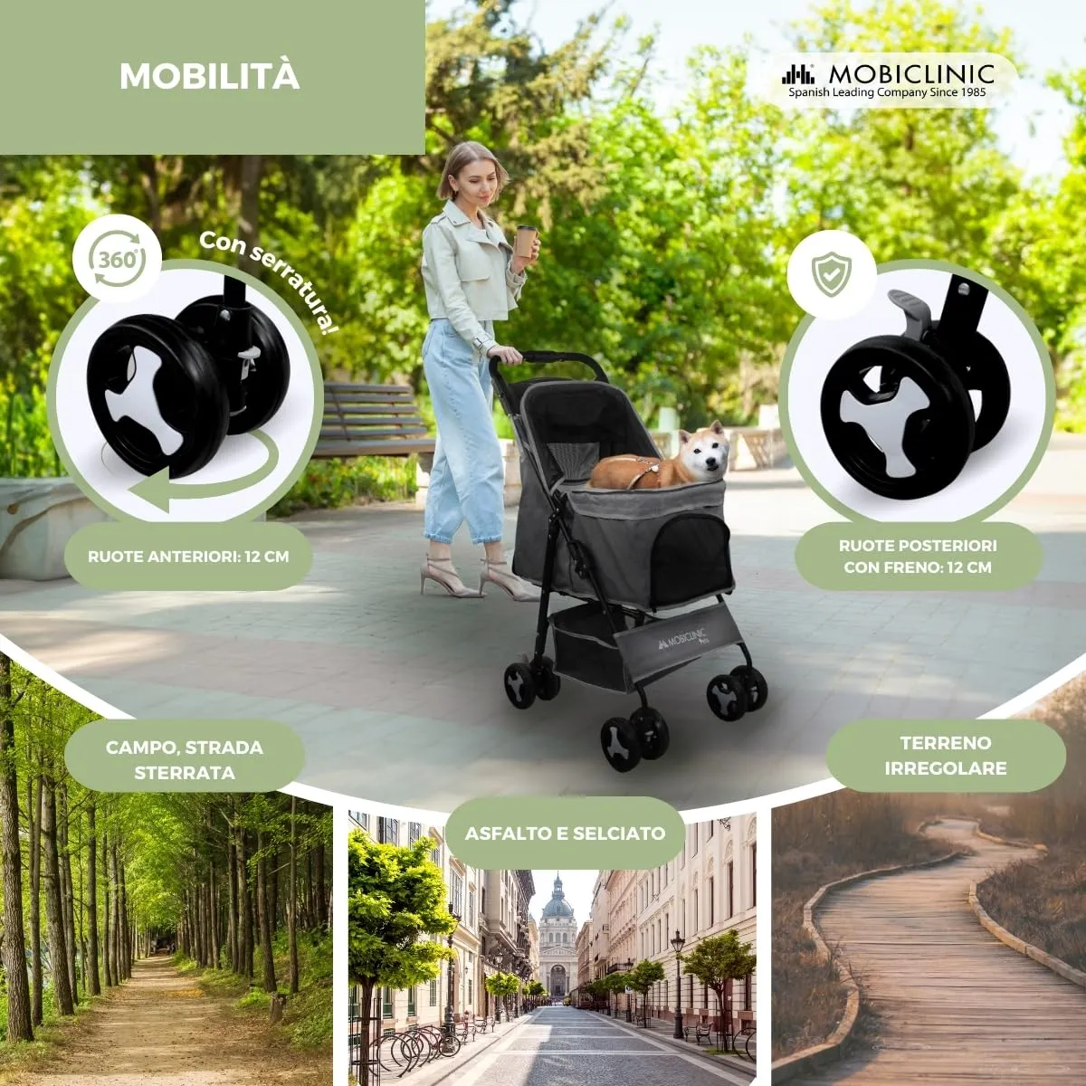 Mobiclinic Zuma Passeggino per cani, fino a 15 kg, ruote con freni 360°, cestino XXL, 3 finestre con zanzariera, portabicchieri - immagine 5