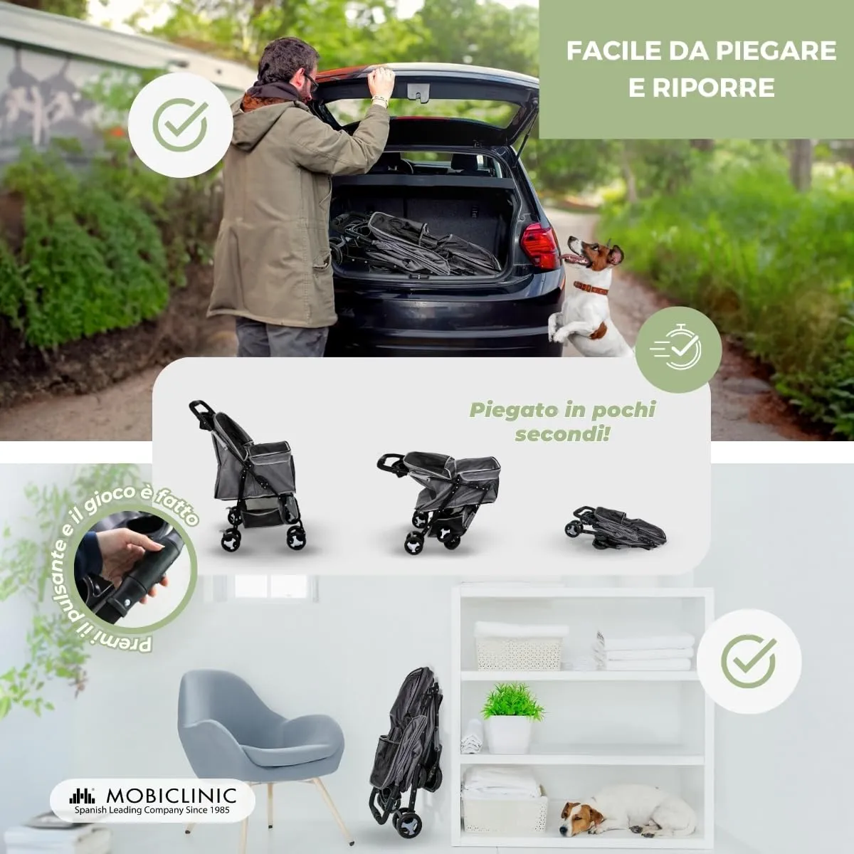 Mobiclinic Zuma Passeggino per cani, fino a 15 kg, ruote con freni 360°, cestino XXL, 3 finestre con zanzariera, portabicchieri - immagine 6