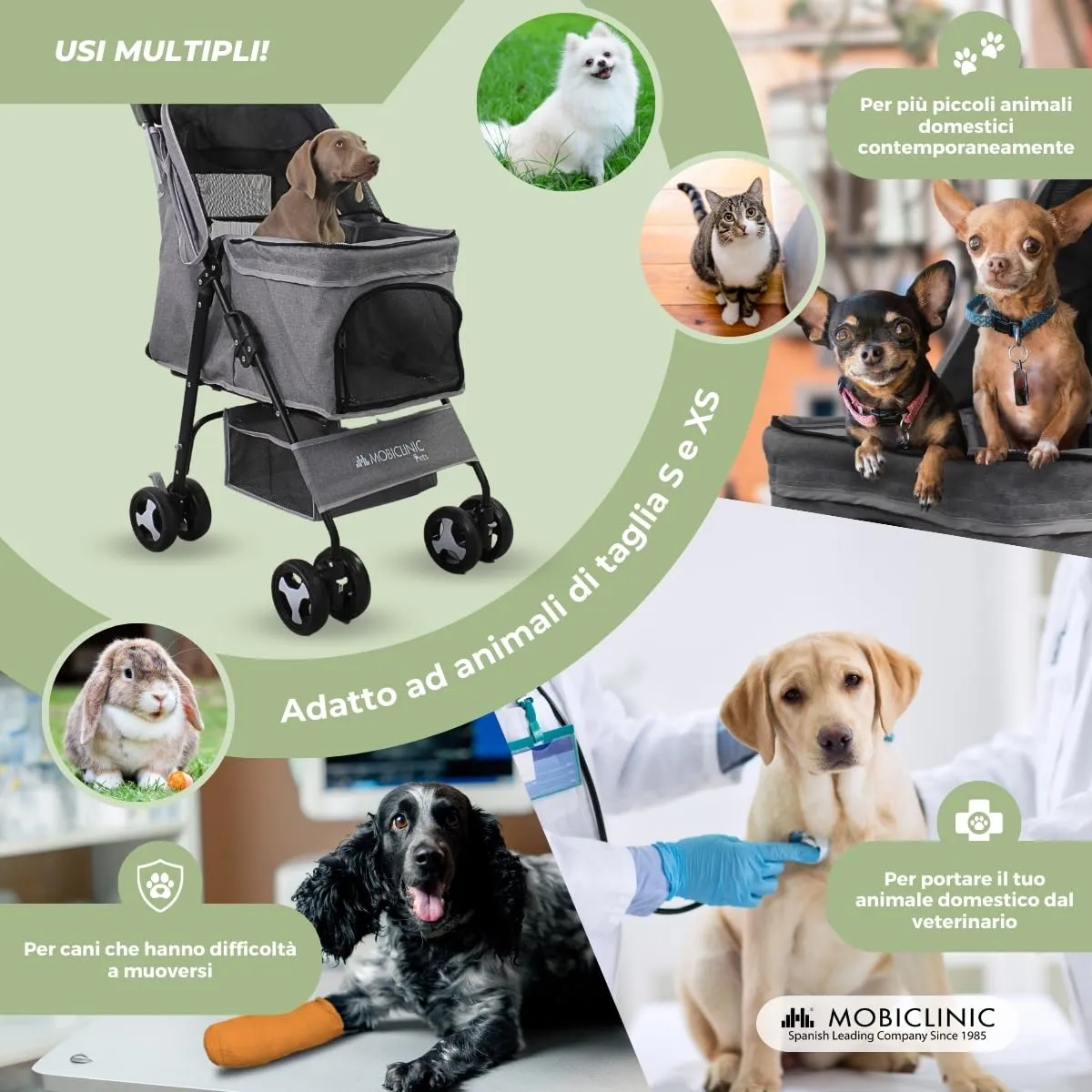 Mobiclinic Zuma Passeggino per cani, fino a 15 kg, ruote con freni 360°, cestino XXL, 3 finestre con zanzariera, portabicchieri - immagine 7