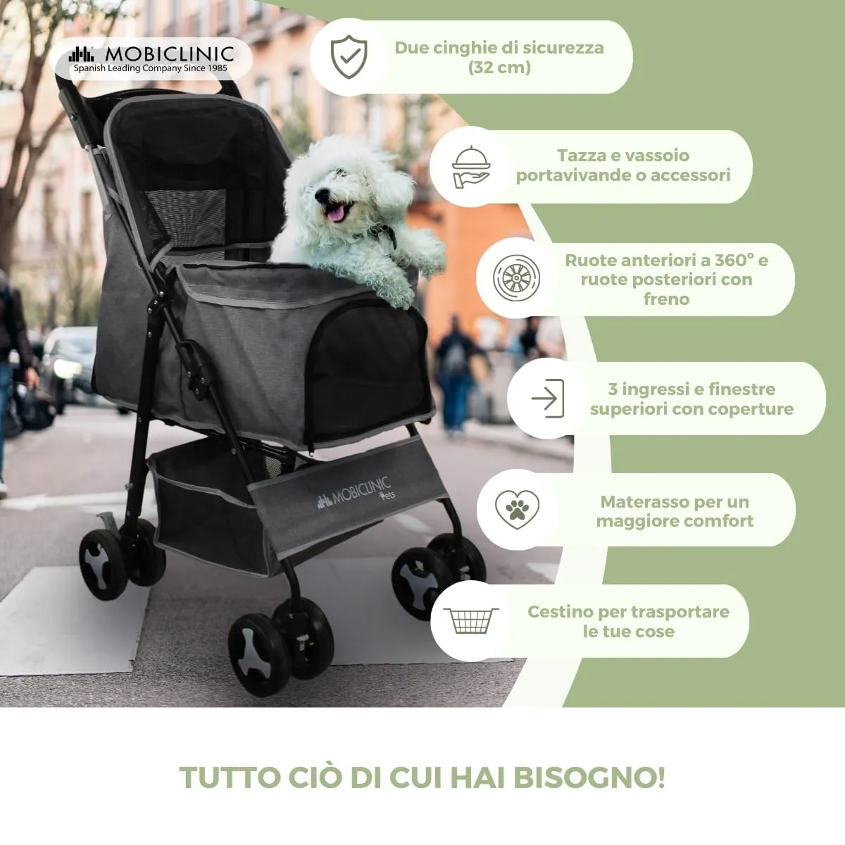 Mobiclinic Zuma Passeggino per cani, fino a 15 kg, ruote con freni 360°, cestino XXL, 3 finestre con zanzariera, portabicchieri - immagine 8