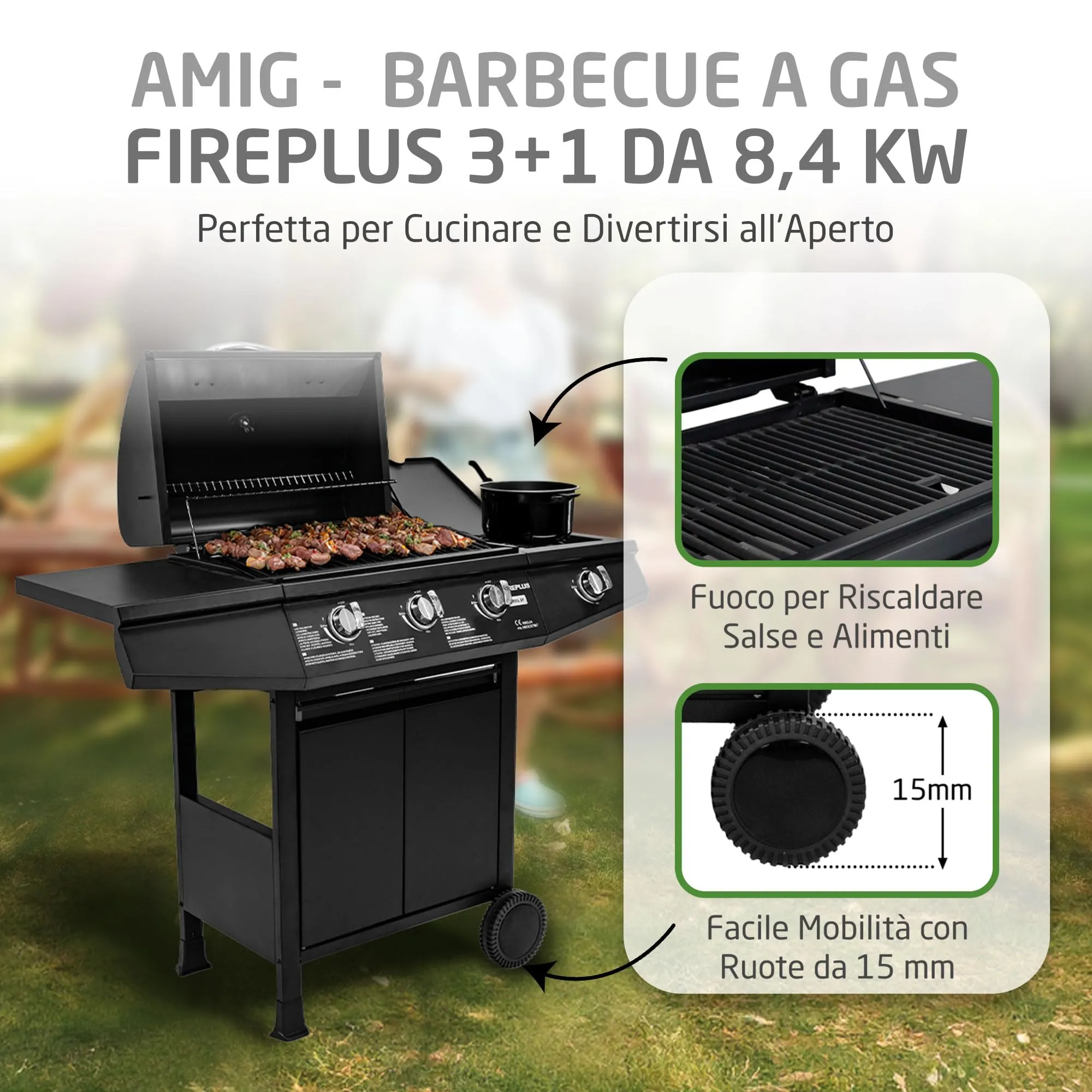 Amig Barbecue Gas Fireplus 3+1 Bruciatori, Acciaio Inox, Nero, 117 x 52 x 103 cm - immagine 2