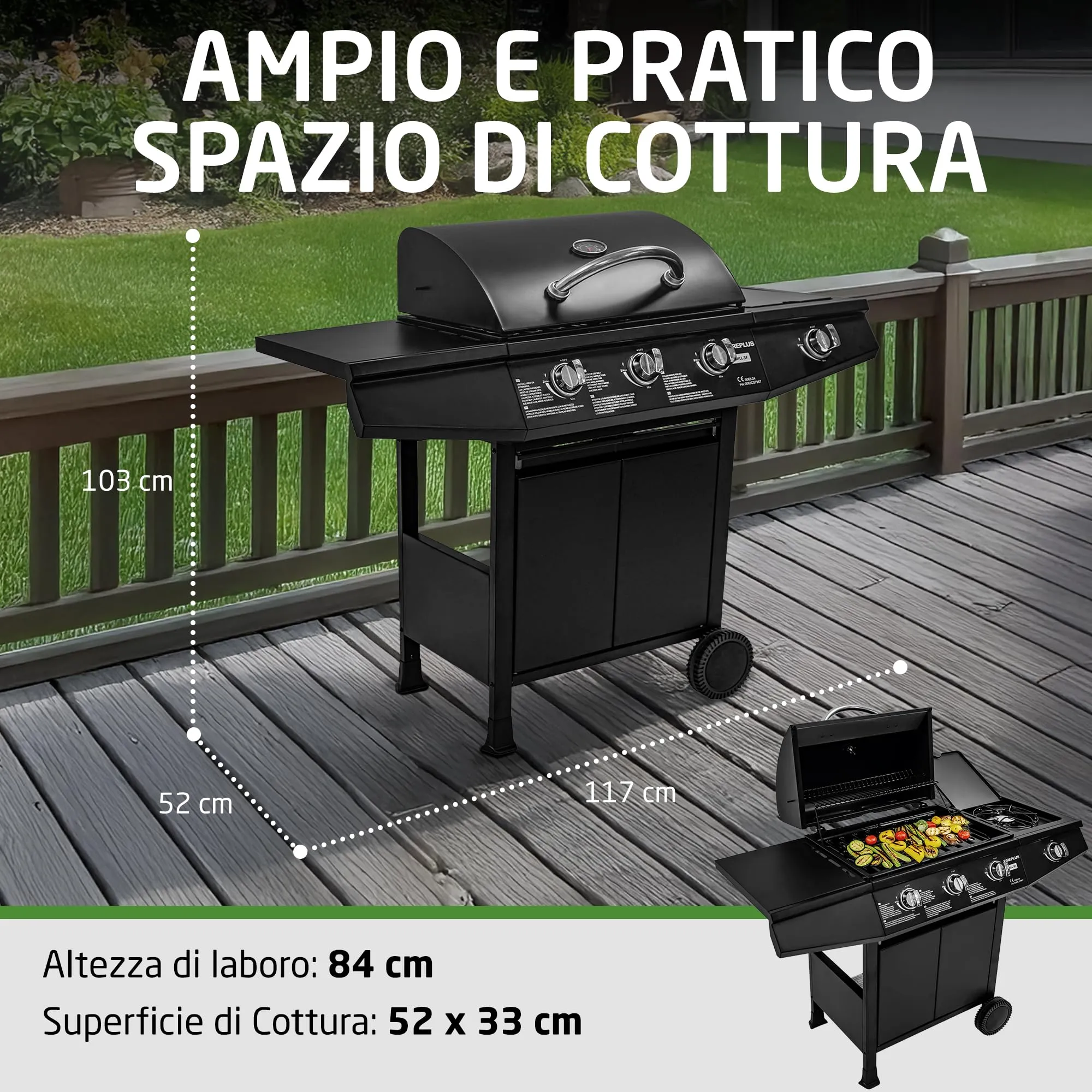 Amig Barbecue Gas Fireplus 3+1 Bruciatori, Acciaio Inox, Nero, 117 x 52 x 103 cm - immagine 4