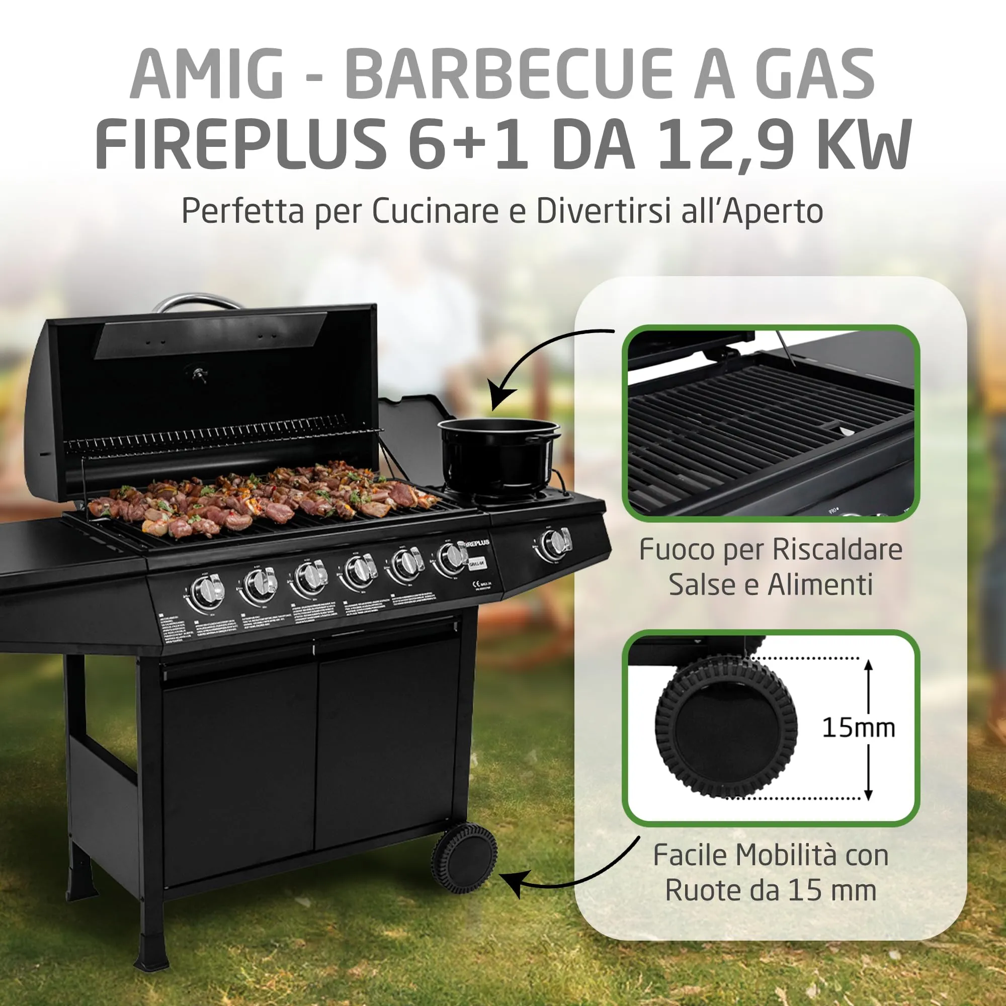 Amig Barbecue a gas Fireplus 6+1 12,9 kW Acciaio inox nero Modello GRILL-6F 138 x 52 x 103 cm - immagine 2