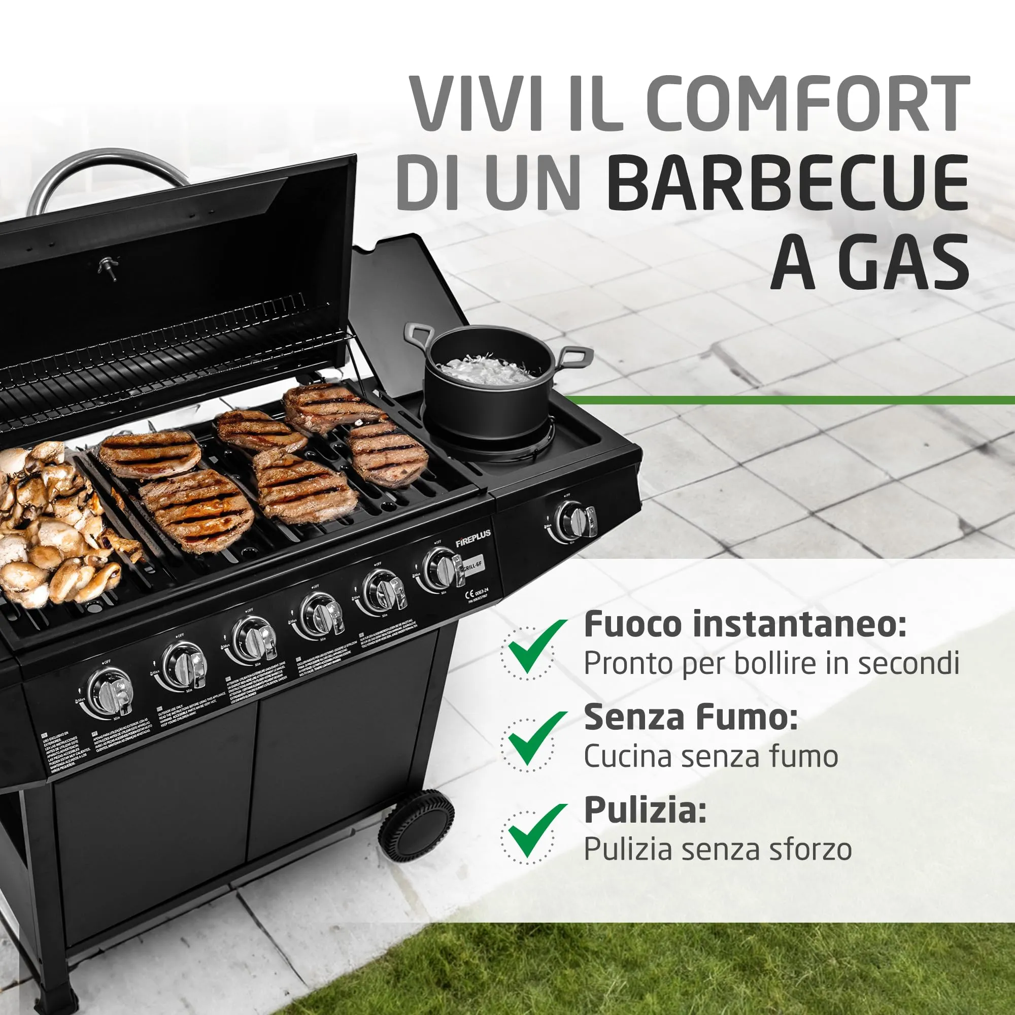 Amig Barbecue a gas Fireplus 6+1 12,9 kW Acciaio inox nero Modello GRILL-6F 138 x 52 x 103 cm - immagine 3