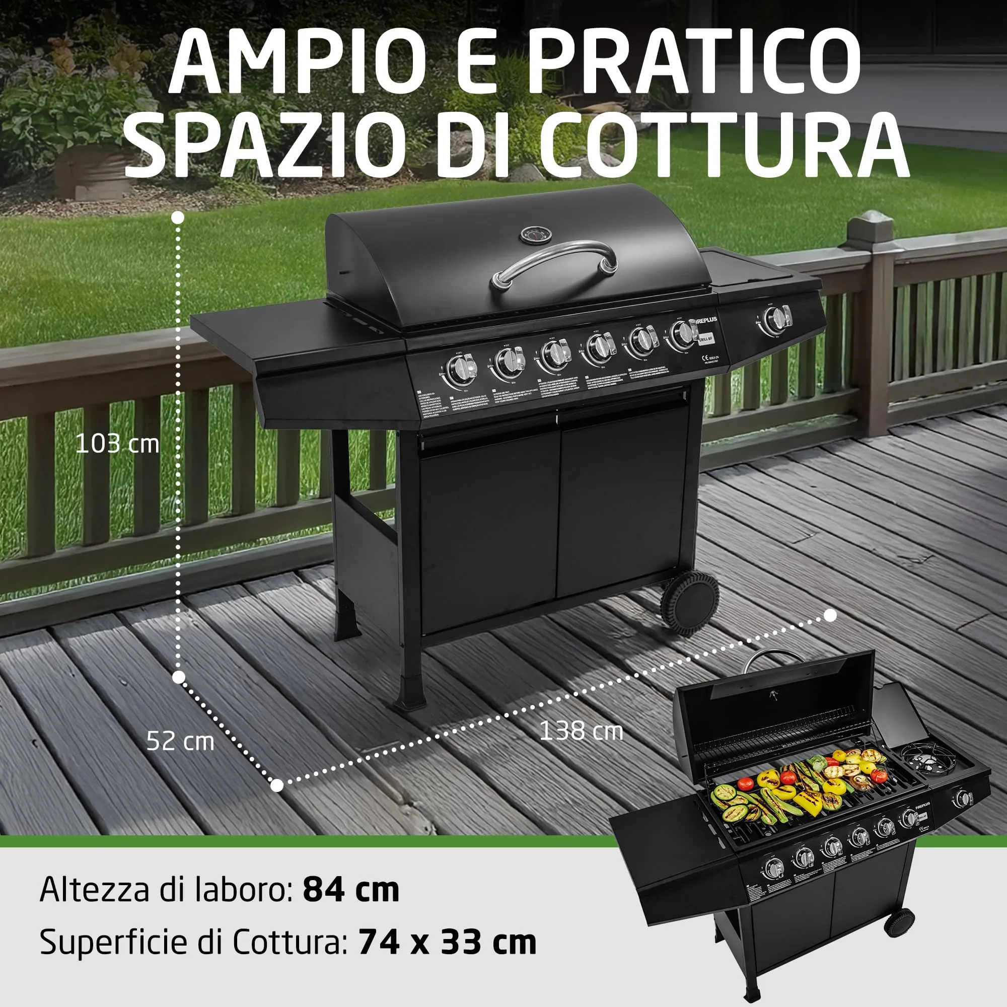 Amig Barbecue a gas Fireplus 6+1 12,9 kW Acciaio inox nero Modello GRILL-6F 138 x 52 x 103 cm - immagine 4