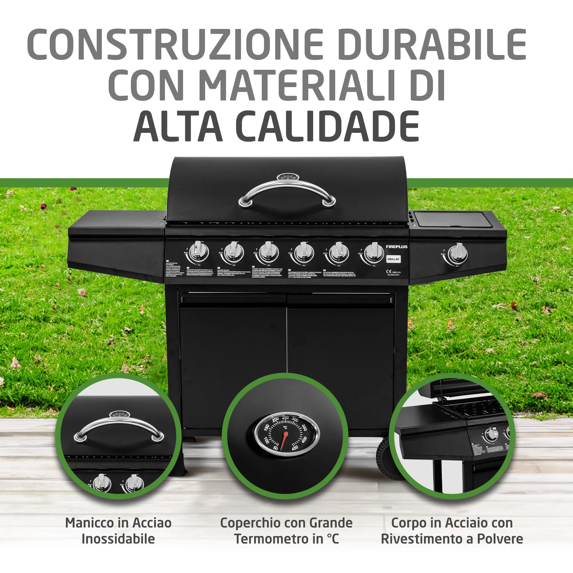 Amig Barbecue a gas Fireplus 6+1 12,9 kW Acciaio inox nero Modello GRILL-6F 138 x 52 x 103 cm - immagine 5