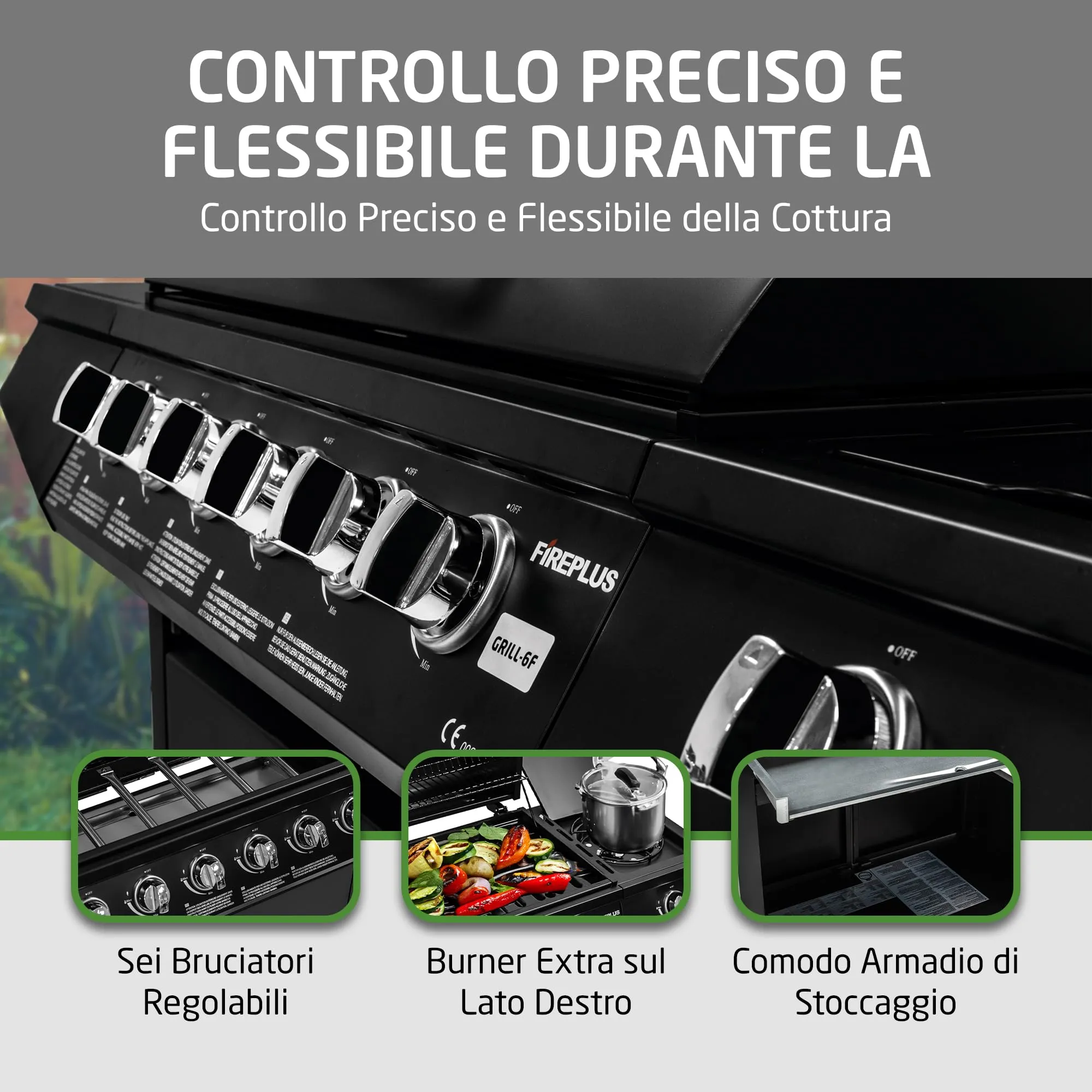 Amig Barbecue a gas Fireplus 6+1 12,9 kW Acciaio inox nero Modello GRILL-6F 138 x 52 x 103 cm - immagine 6