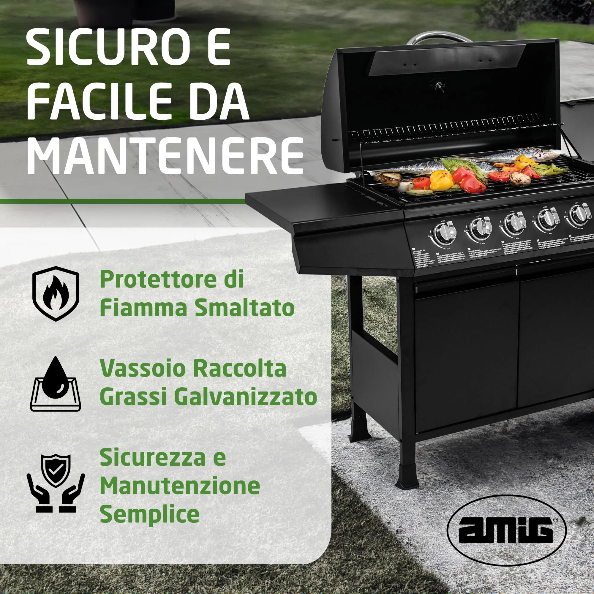 Amig Barbecue a gas Fireplus 6+1 12,9 kW Acciaio inox nero Modello GRILL-6F 138 x 52 x 103 cm - immagine 7
