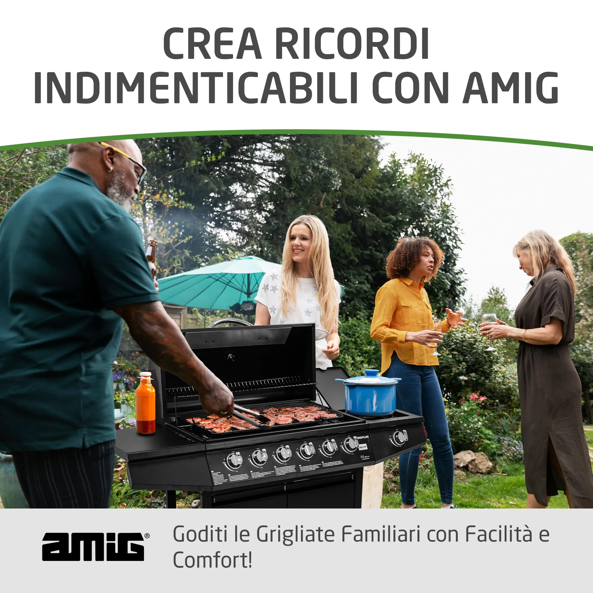 Amig Barbecue a gas Fireplus 6+1 12,9 kW Acciaio inox nero Modello GRILL-6F 138 x 52 x 103 cm - immagine 8