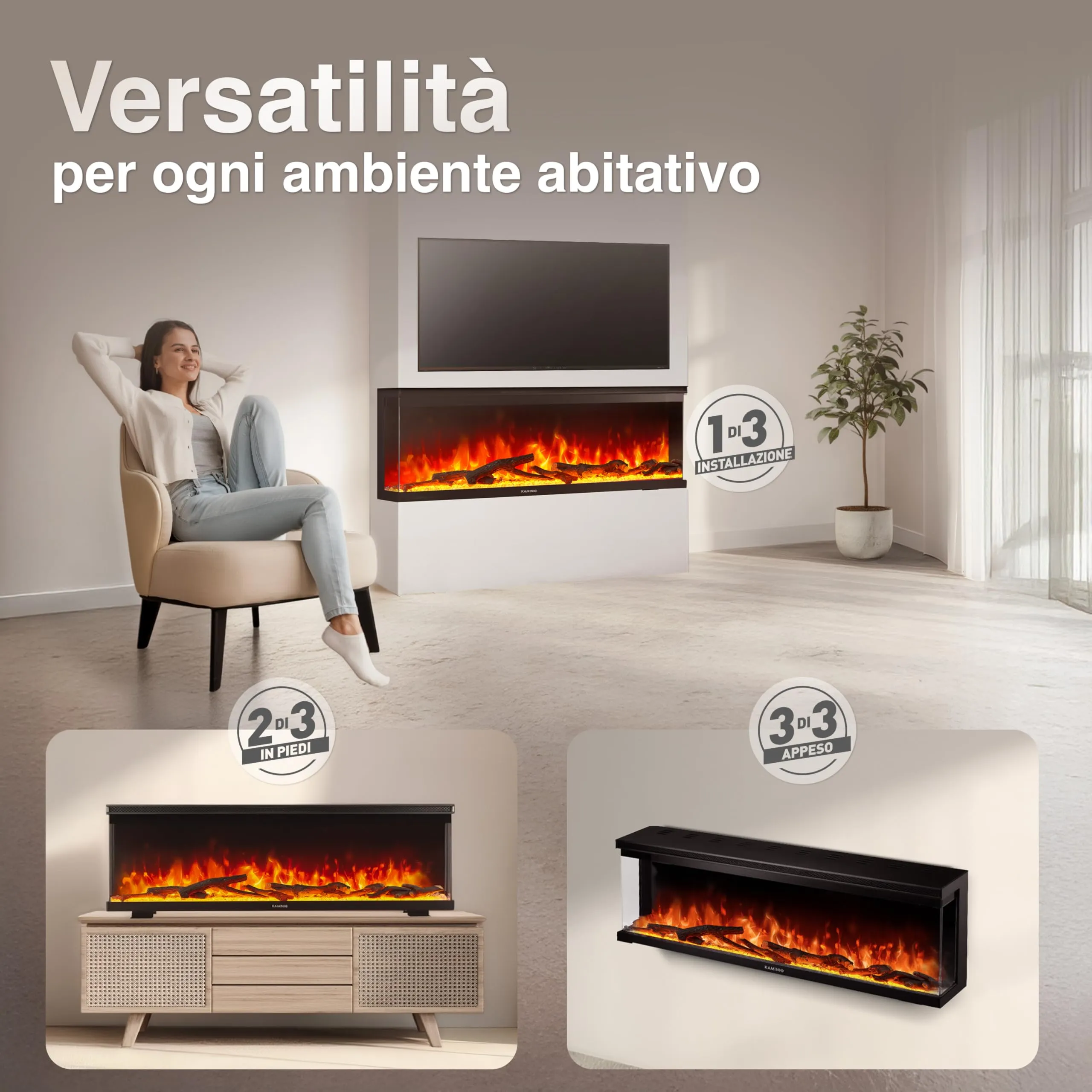 KAMINIO Lea PRO 60 Camino Elettrico da Incasso, Parete o Appoggio - immagine 2