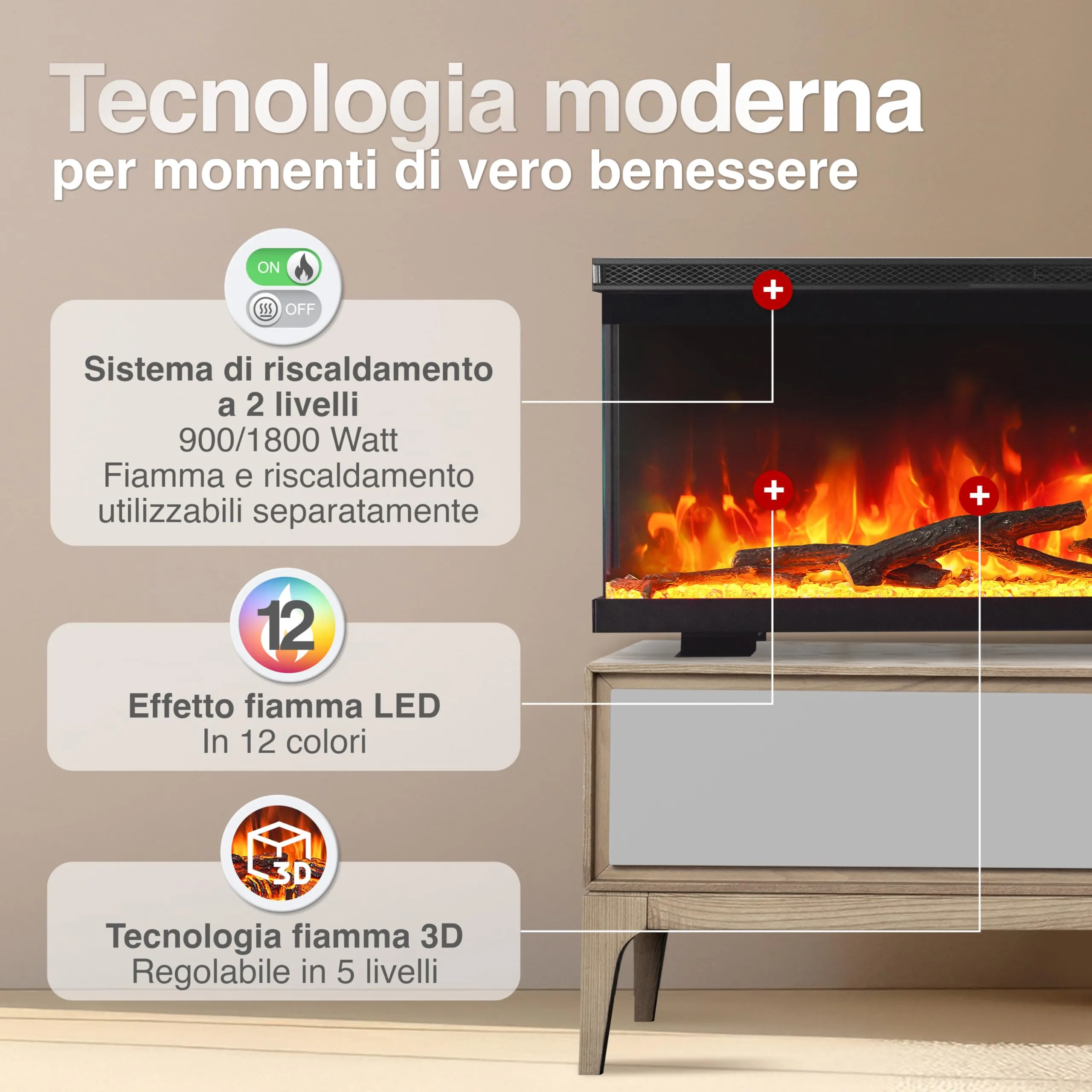 KAMINIO Lea PRO 60 Camino Elettrico da Incasso, Parete o Appoggio - immagine 3