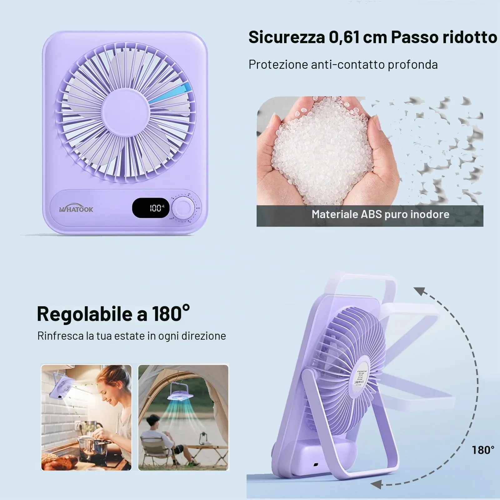 WHATOOK Mini Ventilatore da Tavolo Ricaricabile 2000mAh, Viola - immagine 5
