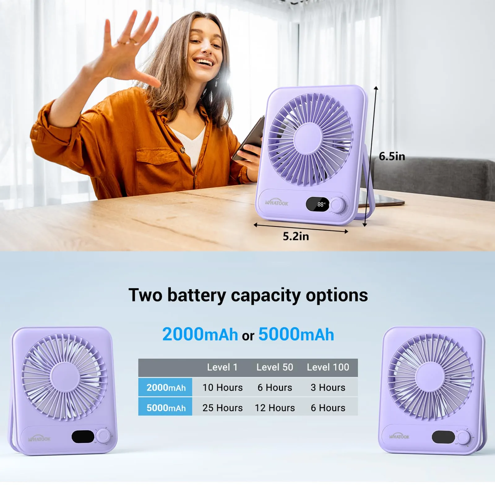 WHATOOK Mini Ventilatore da Tavolo Ricaricabile 2000mAh, Viola - immagine 6