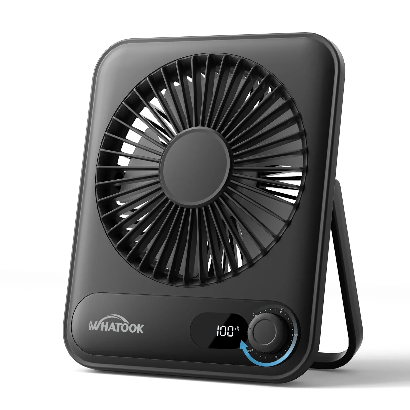 WHATOOK Mini Ventilatore da Tavolo USB, 100 Velocità, Batteria 5000 mAh, Portatile Pieghevole, Nero - immagine 1