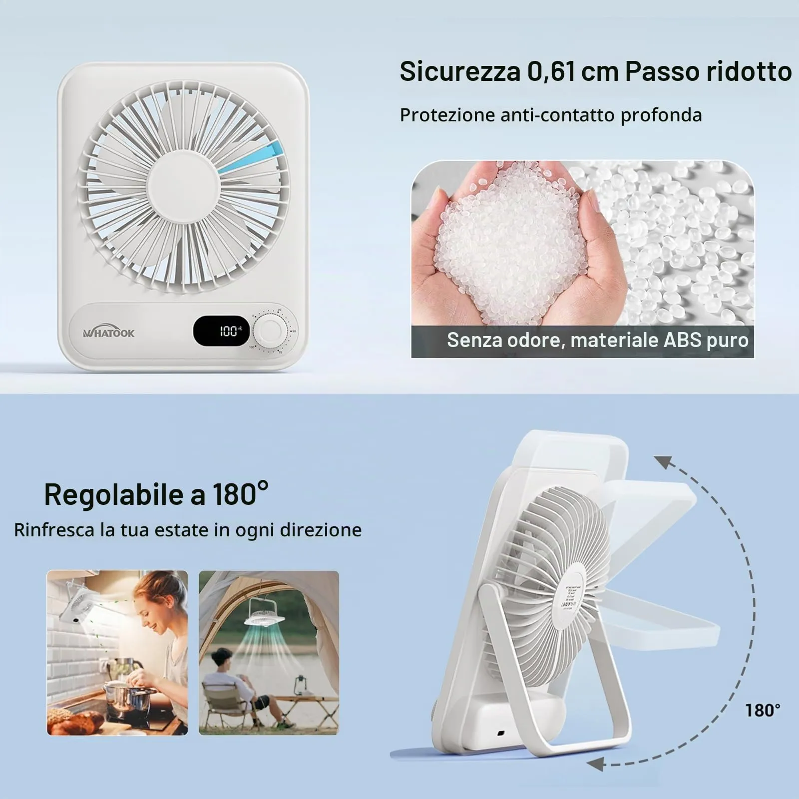 WHATOOK Mini Ventilatore da Tavolo, 100 Velocità, Batteria 2000 mAh, Display LED, USB Ricaricabile, Pieghevole, Bianco - immagine 5