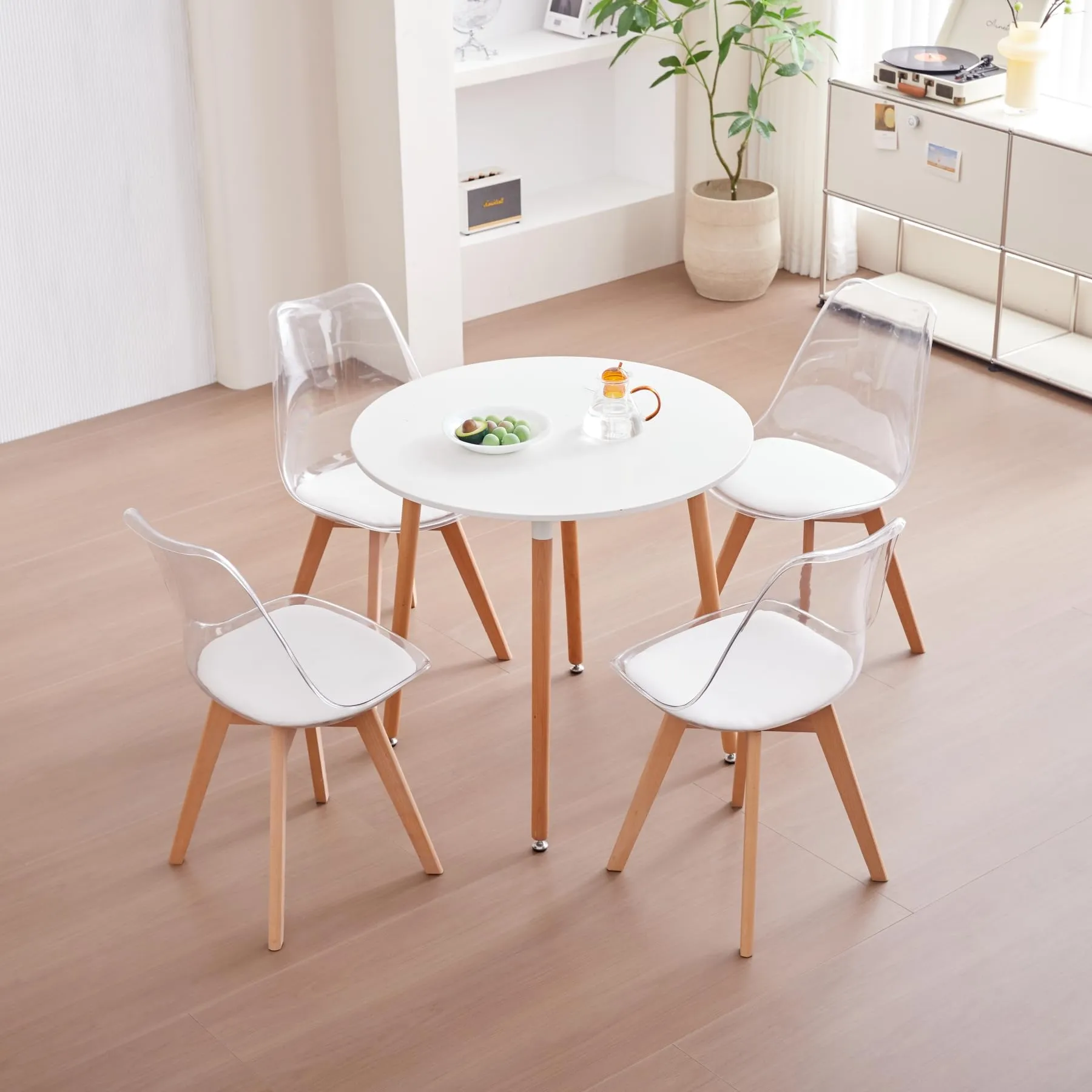 JZGORC Set di 8 Sedie da Pranzo Moderne con Schienale Trasparente e Gambe in Faggio, Pelle PU Bianca - immagine 2