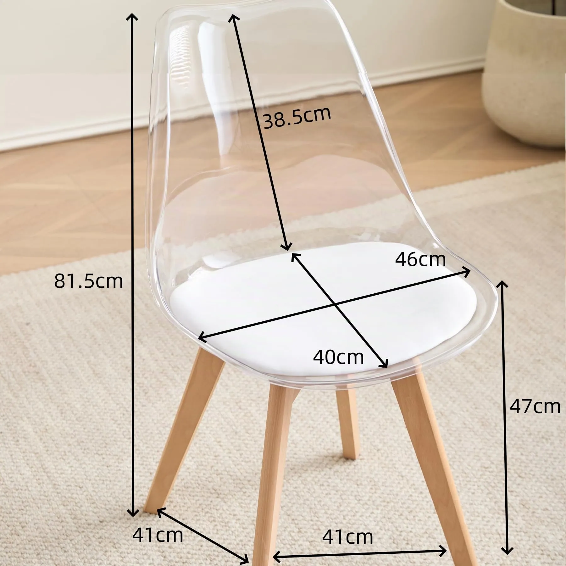 JZGORC Set di 8 Sedie da Pranzo Moderne con Schienale Trasparente e Gambe in Faggio, Pelle PU Bianca - immagine 3