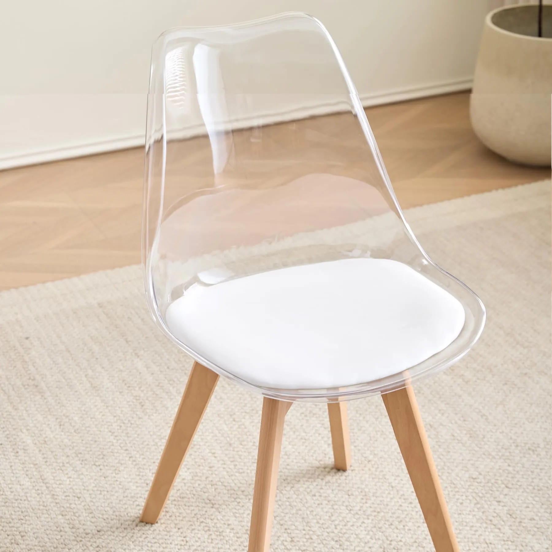 JZGORC Set di 8 Sedie da Pranzo Moderne con Schienale Trasparente e Gambe in Faggio, Pelle PU Bianca - immagine 7
