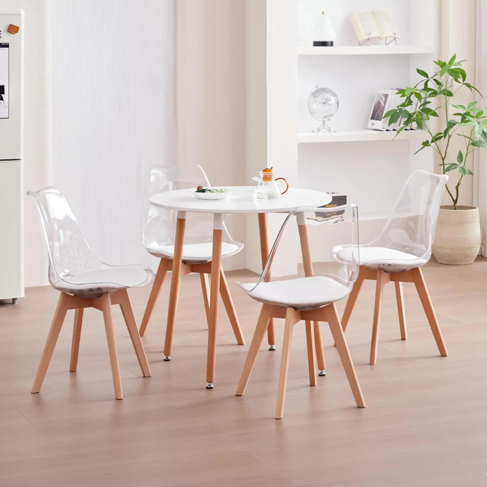 JZGORC Set di 8 Sedie da Pranzo Moderne con Schienale Trasparente e Gambe in Faggio, Pelle PU Bianca - immagine 9
