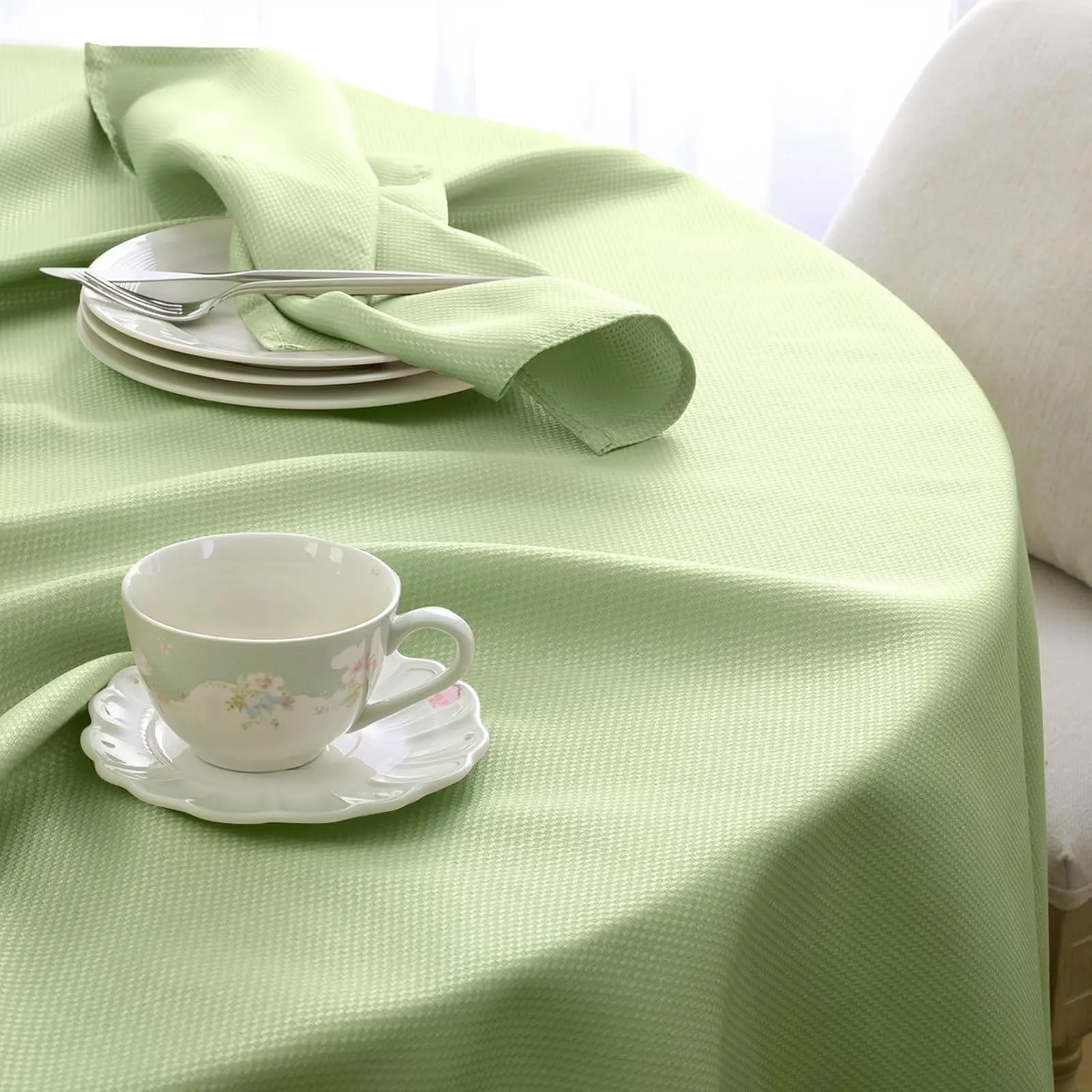 Softalker Tovaglia Rotonda 100 cm Verde Chiaro, Motivo a Righe Jacquard, Antimacchia e Idrorepellente - immagine 1