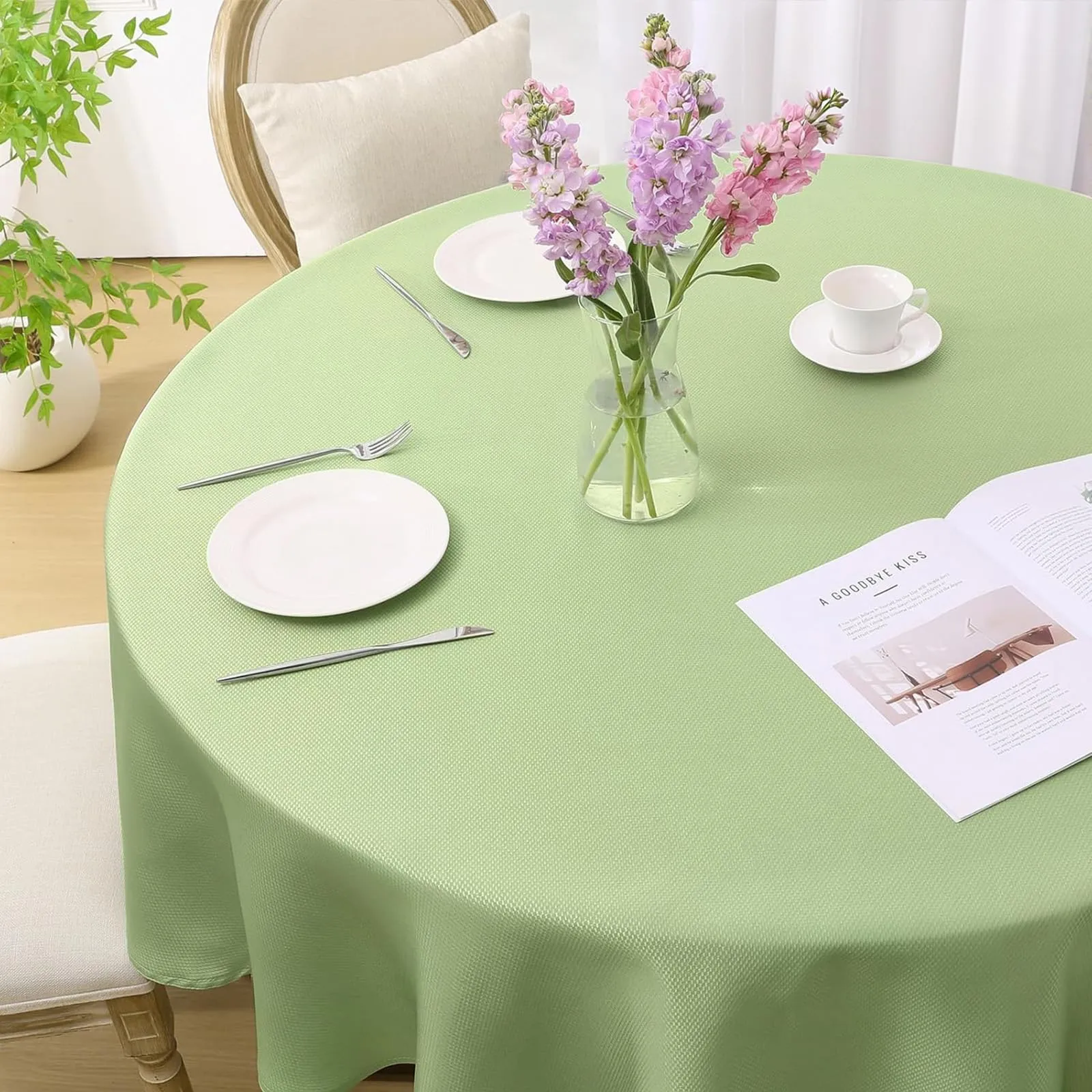 Softalker Tovaglia Rotonda 100 cm Verde Chiaro, Motivo a Righe Jacquard, Antimacchia e Idrorepellente - immagine 7